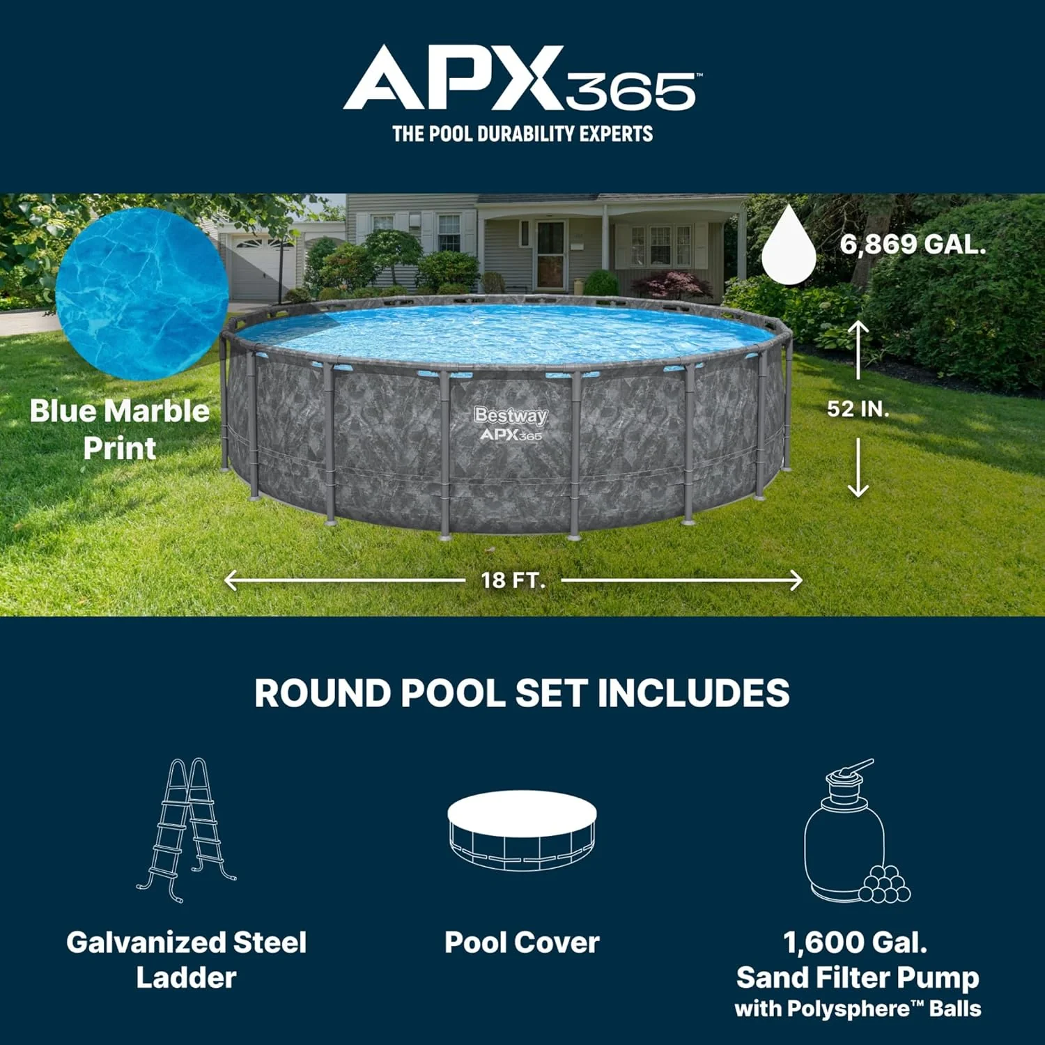 Bestway Above Ground Pool Set, 18 ft x 52 in, Dark Marble - APX 365 - Image 3 Bestway Above Ground Pool Set, 18 ft x 52 in, Dark Marble - APX 365 - Image 3