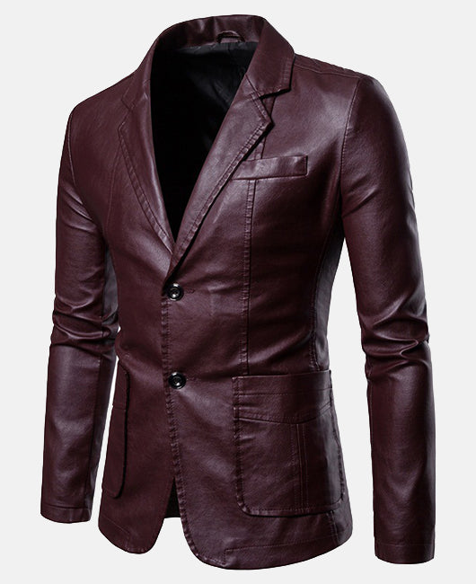 Basic Plain Lapel Collar Two Button Leather Blazer