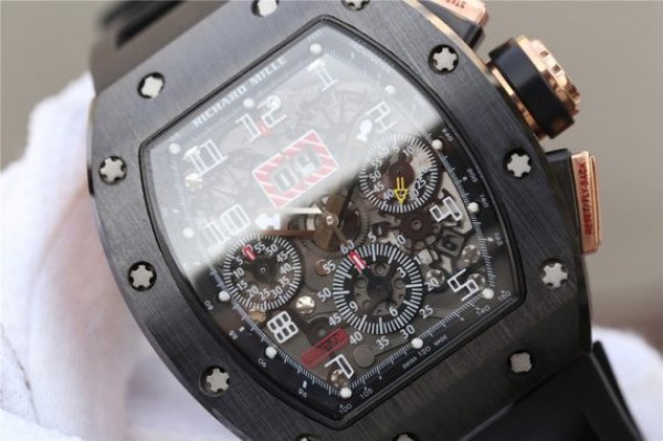 Replica Richard Mille RM011 RG Black Ceramic Chrono Skeleton Dial Black Rubber Strap A7750 - Elite Watch Atelier