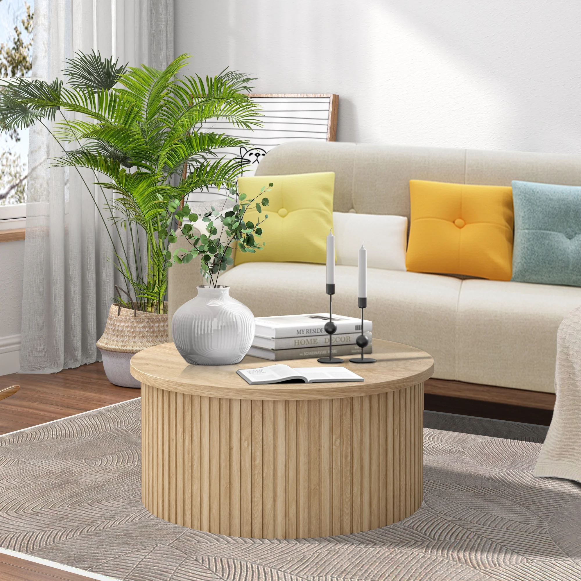 Oubayajia Round Coffee Table with Storage, Wood Lift Top Coffee Table, Waveform Panel, Natural