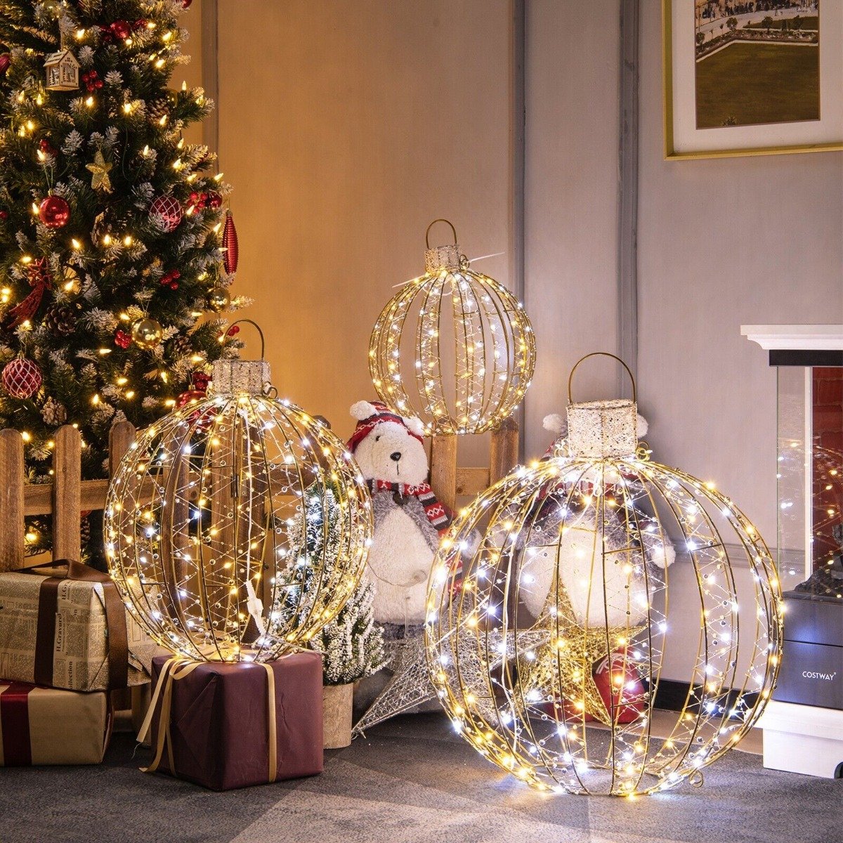 GoldenGlow – Set van 3 Kerst LED Ball Lights met 30 Kabelbinders