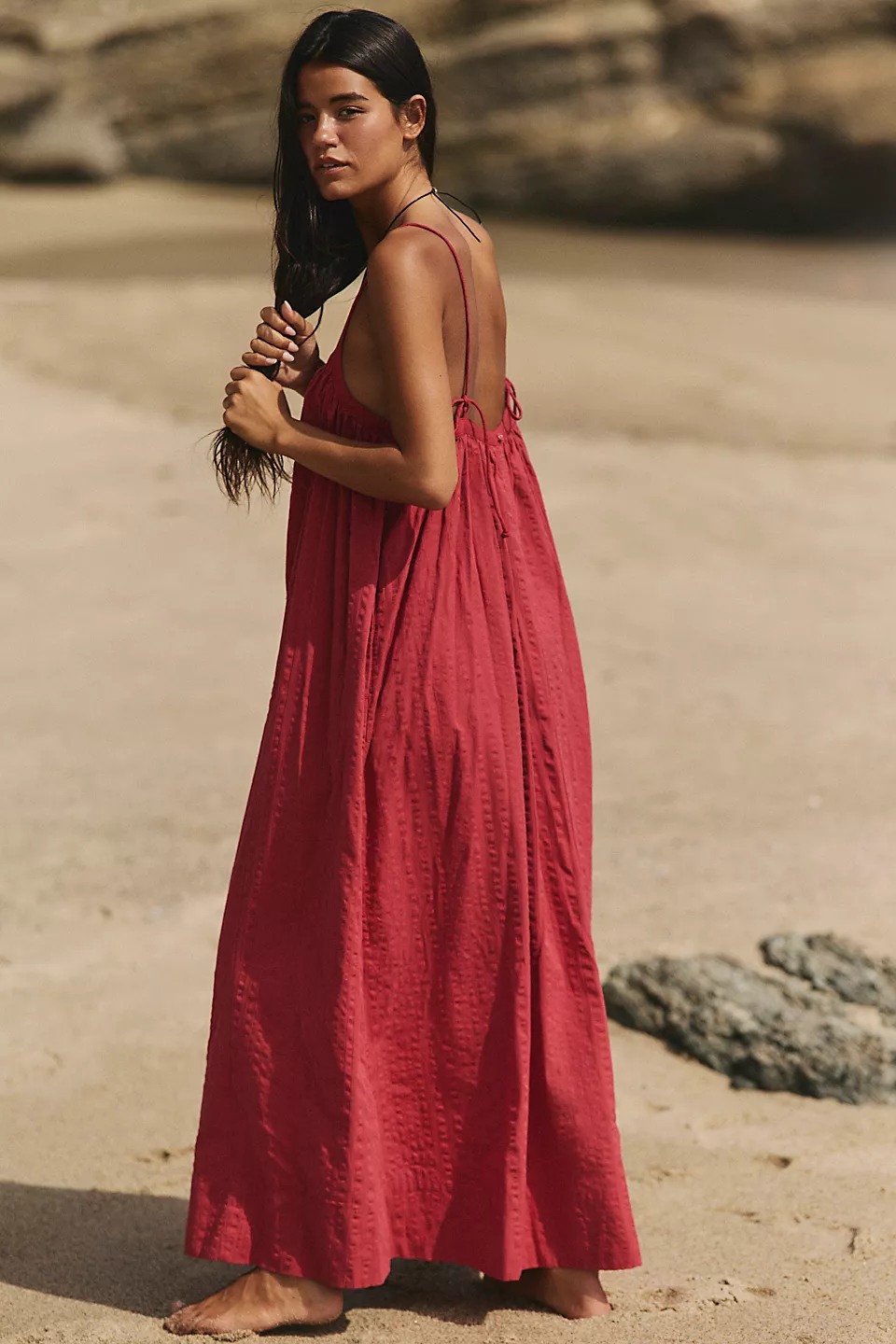 Marisol Textured Cotton Maxi Dress-Deep Cherry