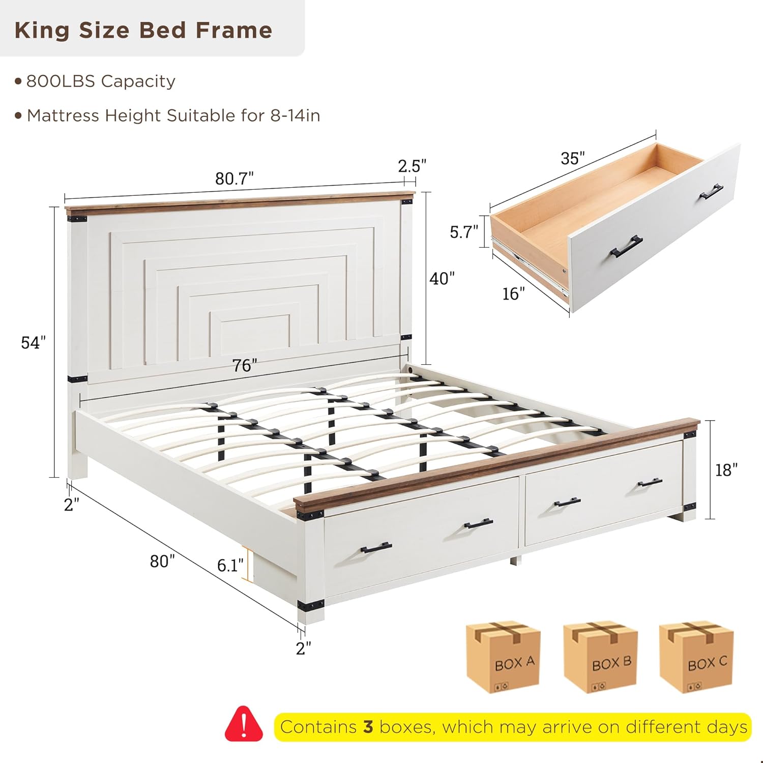 RedLemon Farmhouse King Size Bed Frame w/ 54