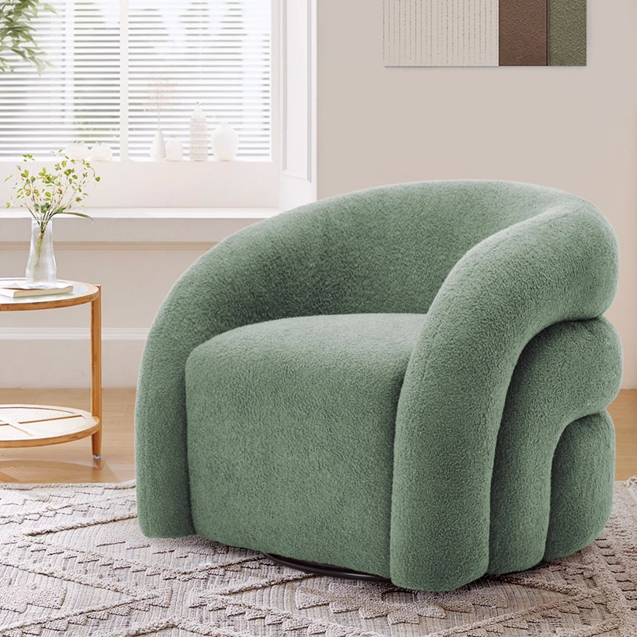 360�� Swivel Accent Chair for Living Room, Boucle Barrel Armchair Single Sofa Chair Reading Chair, Sage Green