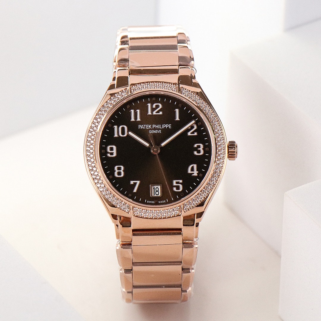 Fake Diamond Watch Replica Patek Philippe Twenty~4 Ladies Rose Gold Brown Sunburst 7300/1200R-001(1:1 replica) - Top club
