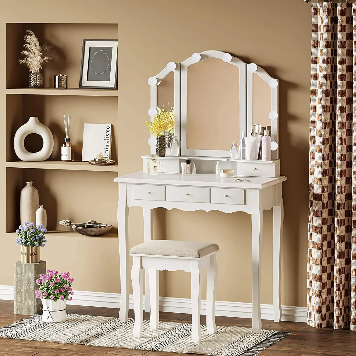 Makeup Vanity Set Desk Table with with Lights & Tri-Folding Mirror,Dressing Table with Cushion Stool & 5 Drawers, White - Image 3