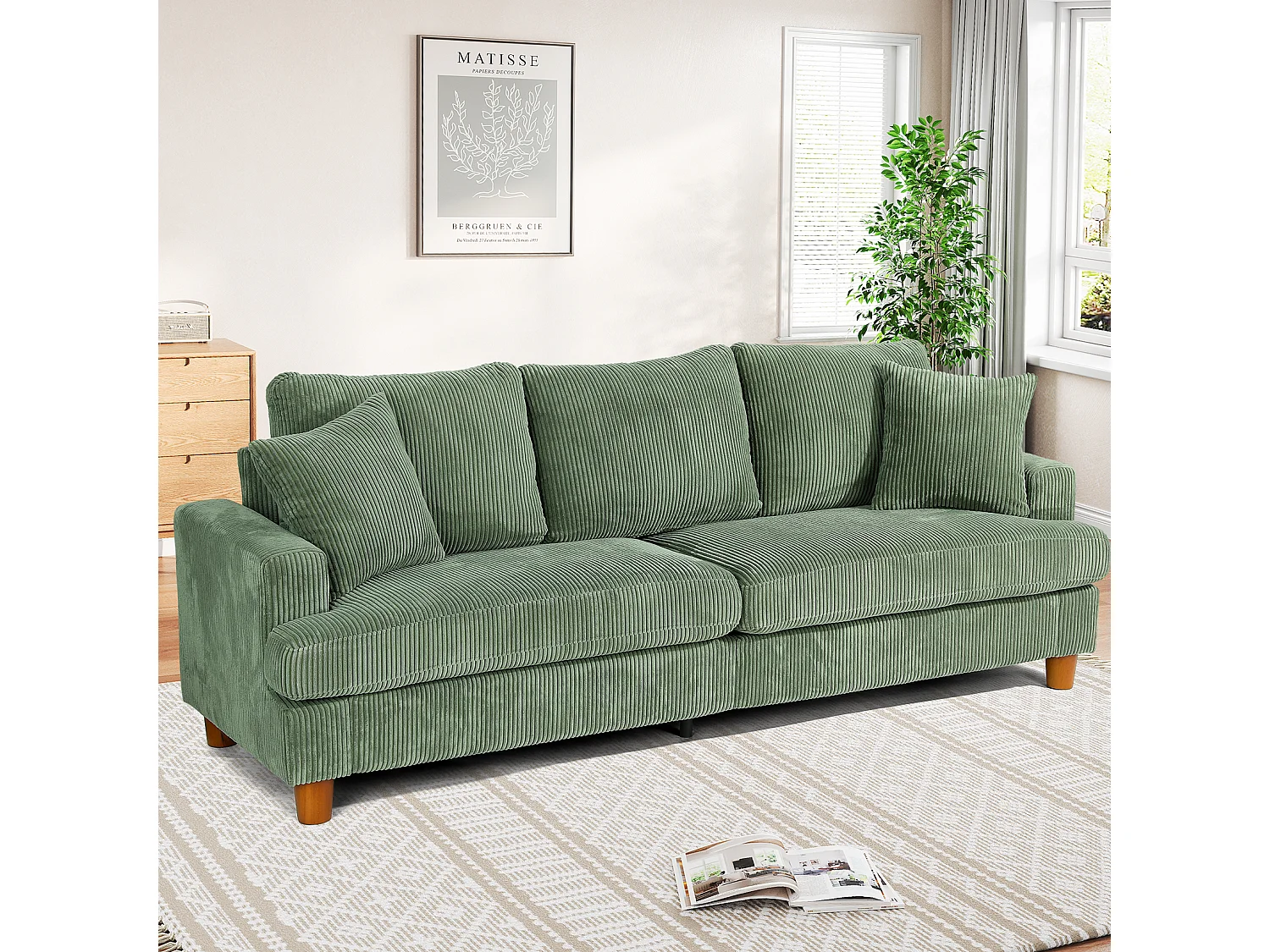 Canapé en Velours Côtelé 3 Places,Grand Canapé Droit Rembourré Moderne avec Sièges extra profonds de 53cm - 2 Coussins - 220x76x84cm - Vert