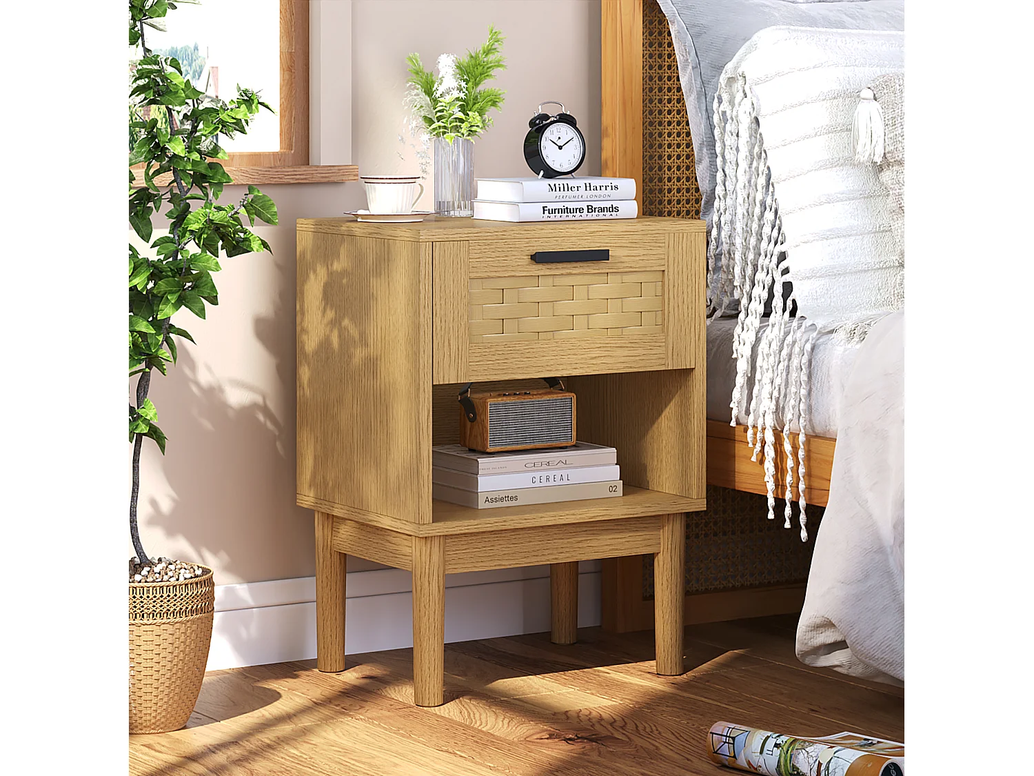 Lot de 2 Tables de Chevet en Rotin et Bois Chêne Clair - 1 Tiroir - Style Scandinave - Rangement Moderne - Polyvalente