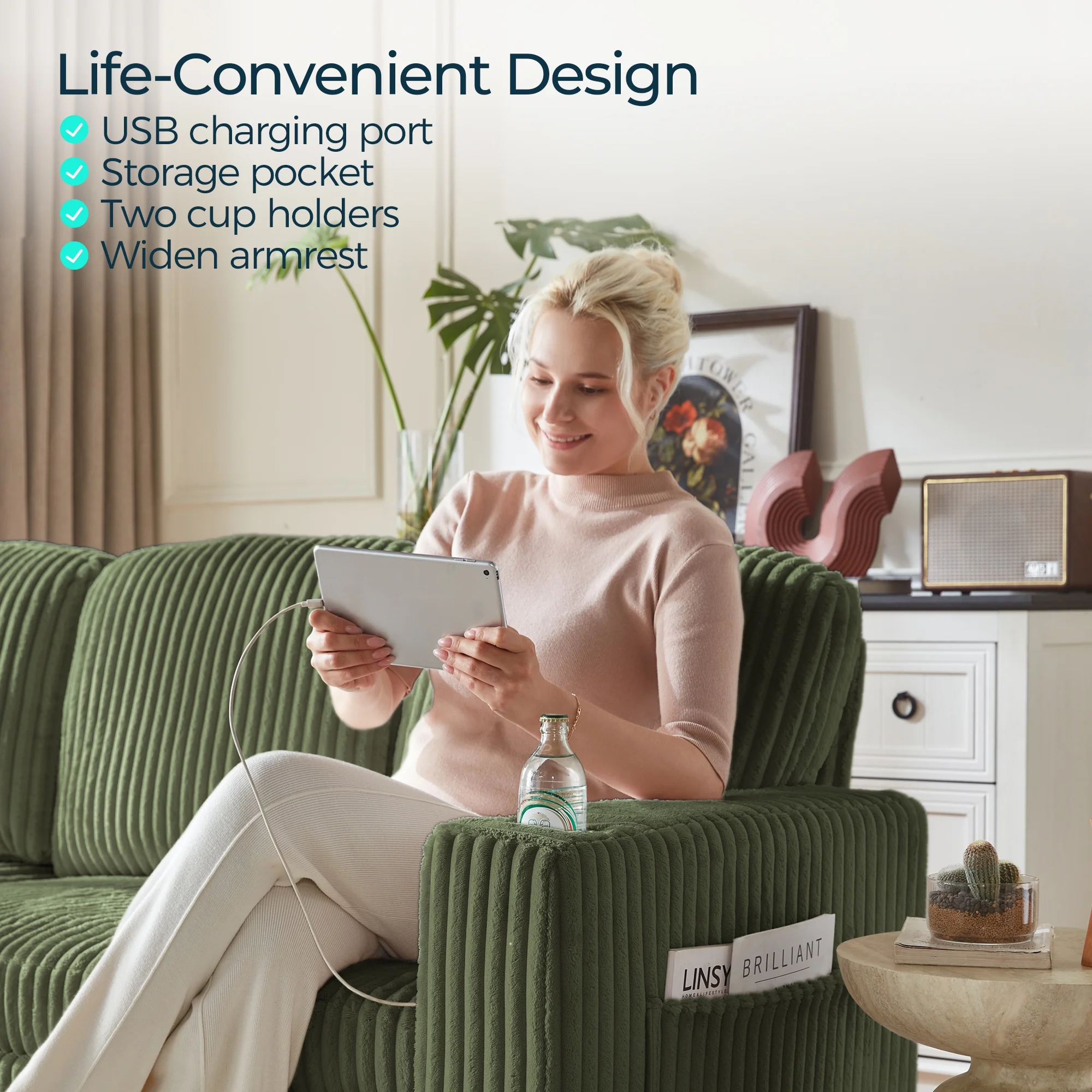 Linsy Home Plush Corduroy Pull Out Couch Chaise Lounge, Convertible Loveseat Sofa Couch With Usb & Cup Holder, Green - Image 6