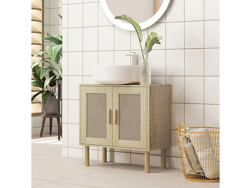 Meuble sous vasque style bohème RINOA effet rotin bois clair