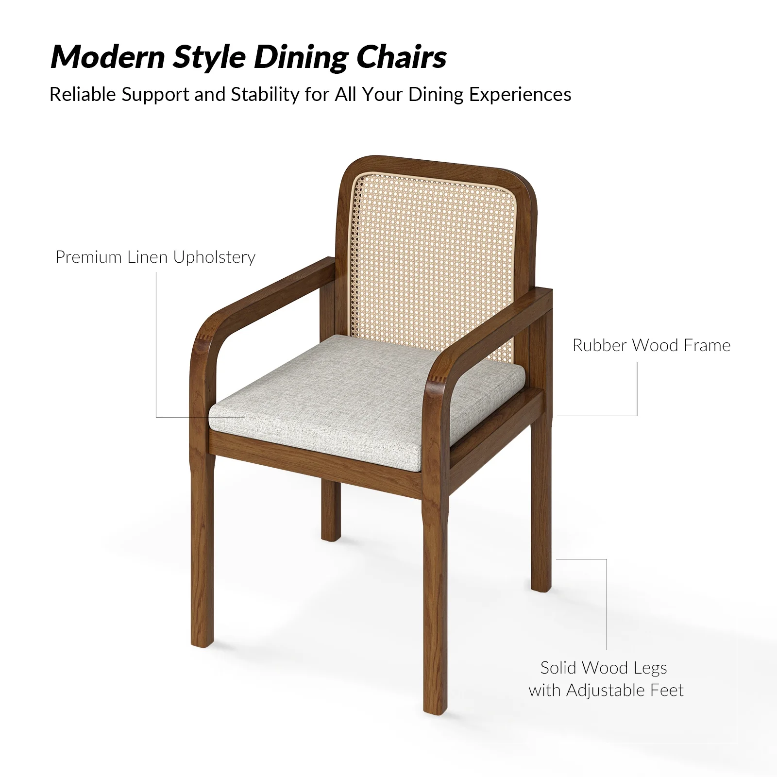 Rattan Dining Chairs Set of 2 Wooden Armchairs Removable Cushion Home Kitchen Restaurant Acorn - Image 6