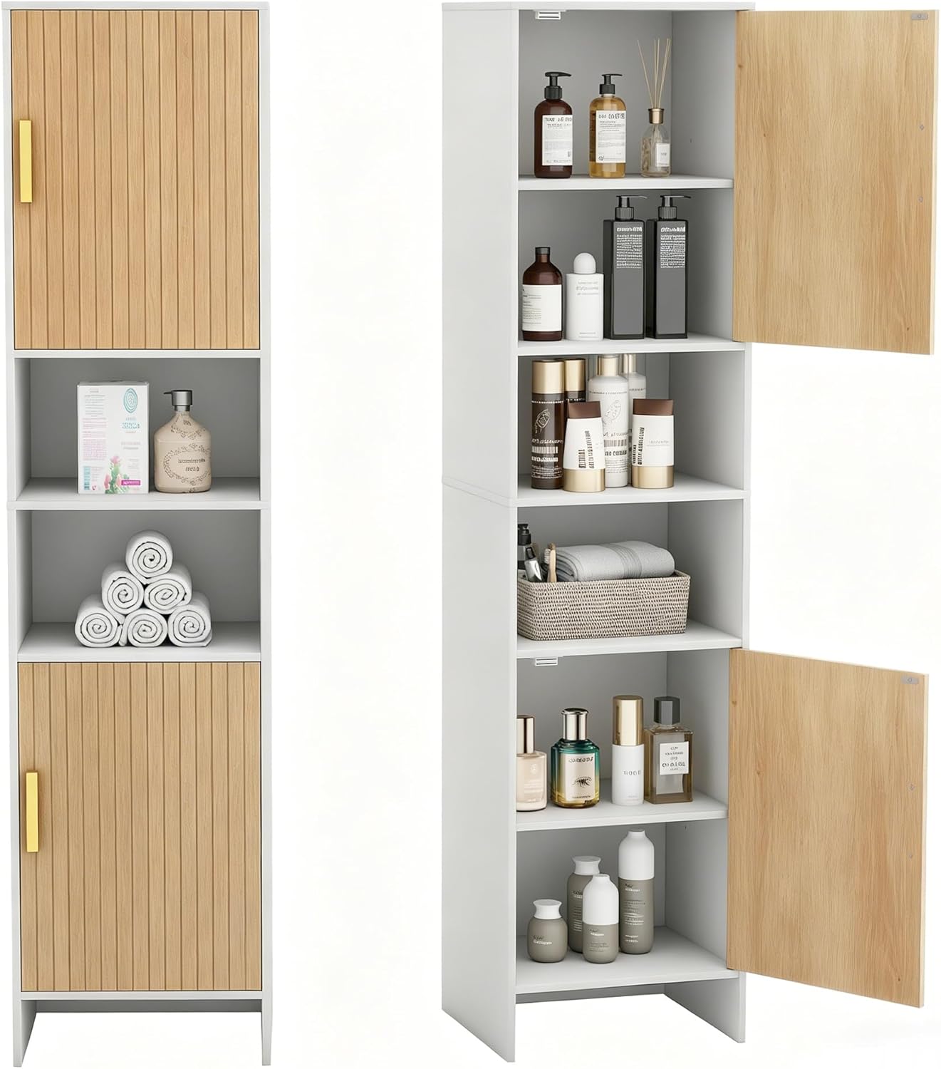 Tall Storage Cabinet, 13.15 Inch Narrow Bathroom Cabinet with USB Magnetic Light, Open Shelf, Magnetic Doors, 2 Adjustable Shelves, Anti-Tip Kit for Small Spaces, Living Room, White, 57.1