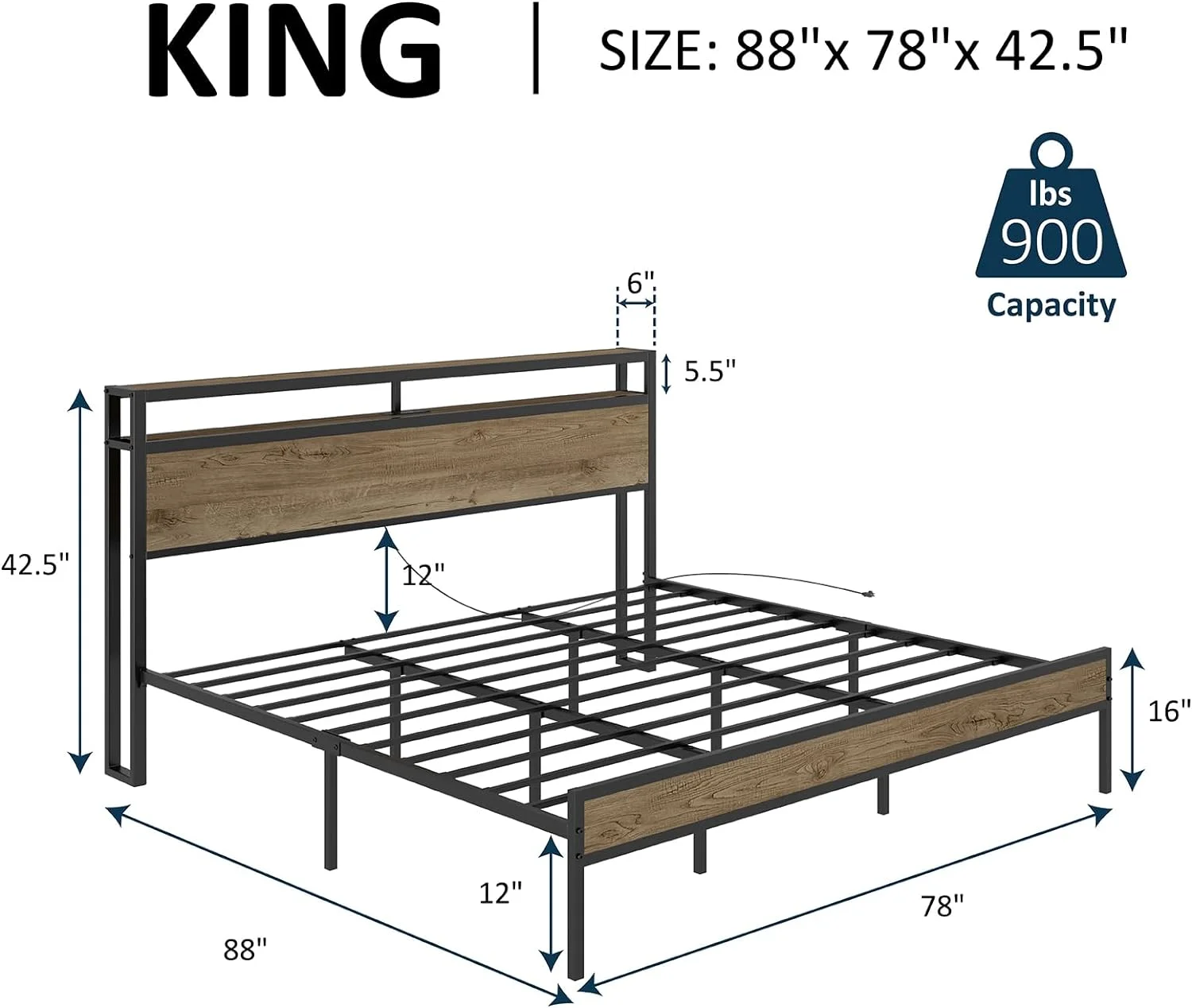 Merluxy King Size Bed Frame Industrial Platform Bed with Charging Station, 2-Tier Storage Headboard/ No Box Spring Needed/ Noise-Free/ Rustic Brown