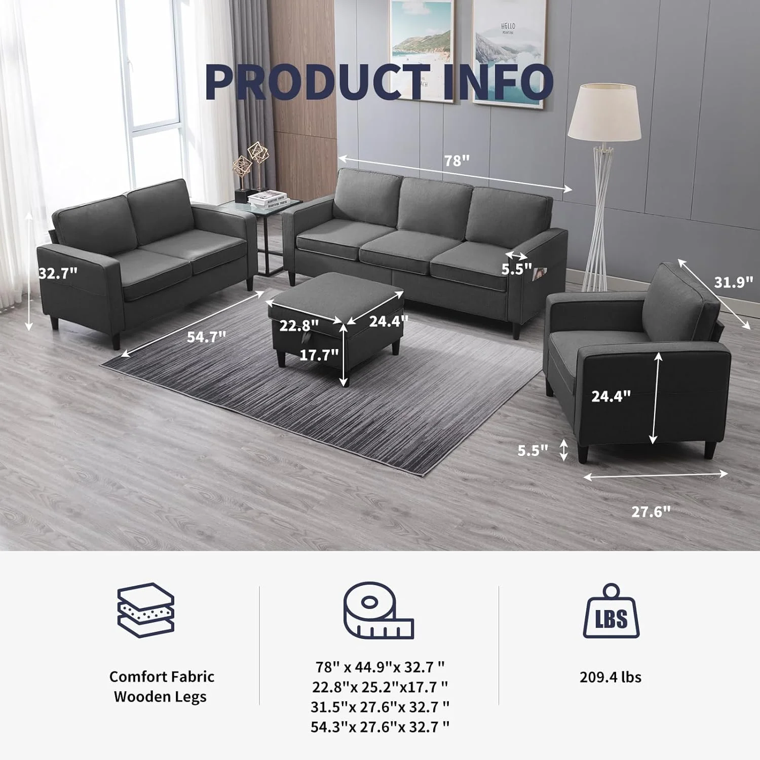 ijuicy Sectional Sofa Set,3PCS Living Room Furniture Couch Sets with Movable Storage Ottoman & Side Pockets,Include Sofa,Loveseat&Chair,Dark Gray - Image 2