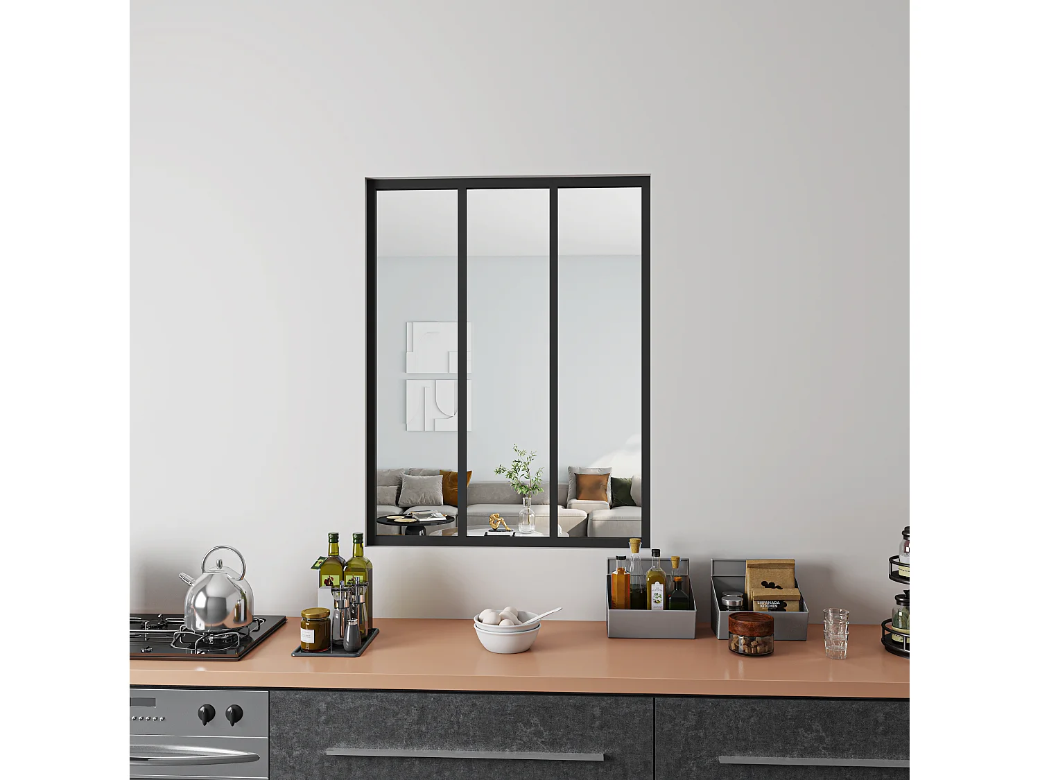 Verrière Atelier Fixe en Aluminium Noir L.93 x H.108 cm - Cloison Intérieure Design Industriel - 4mm Verre Transparent