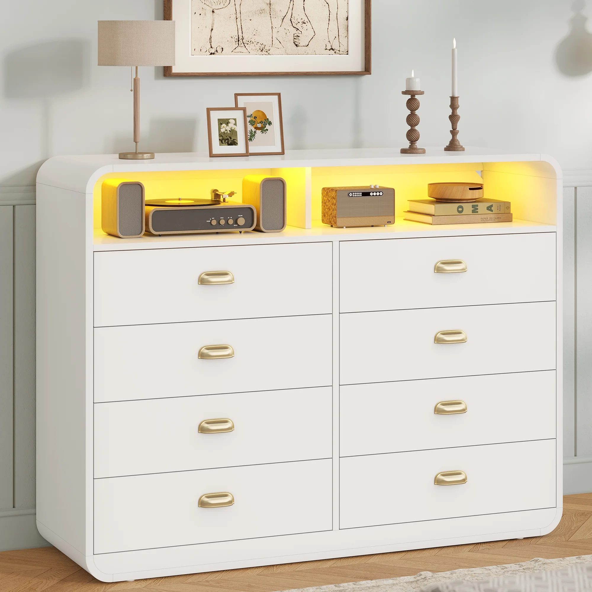 8 Drawers Dresser, Modern Chests Of Drawers with LED Lights, Curved Design for Living Room, Bedroom, White