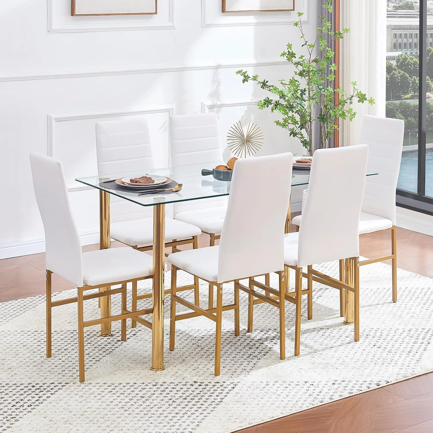 Glass Dining Table with Gold Legs, Retangular Kitchen Table for Home Kitchen (Gold, Length: 51.2