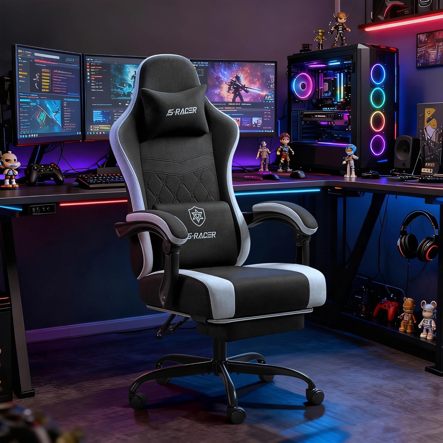 Homall Gaming Chair with Massage & Footrest, Ergonomic Computer Office Chair, High-Back Racing Style Reclining Chair with Adjustable Lumbar Support, Breathable Tech Fabric for Adults (Black)