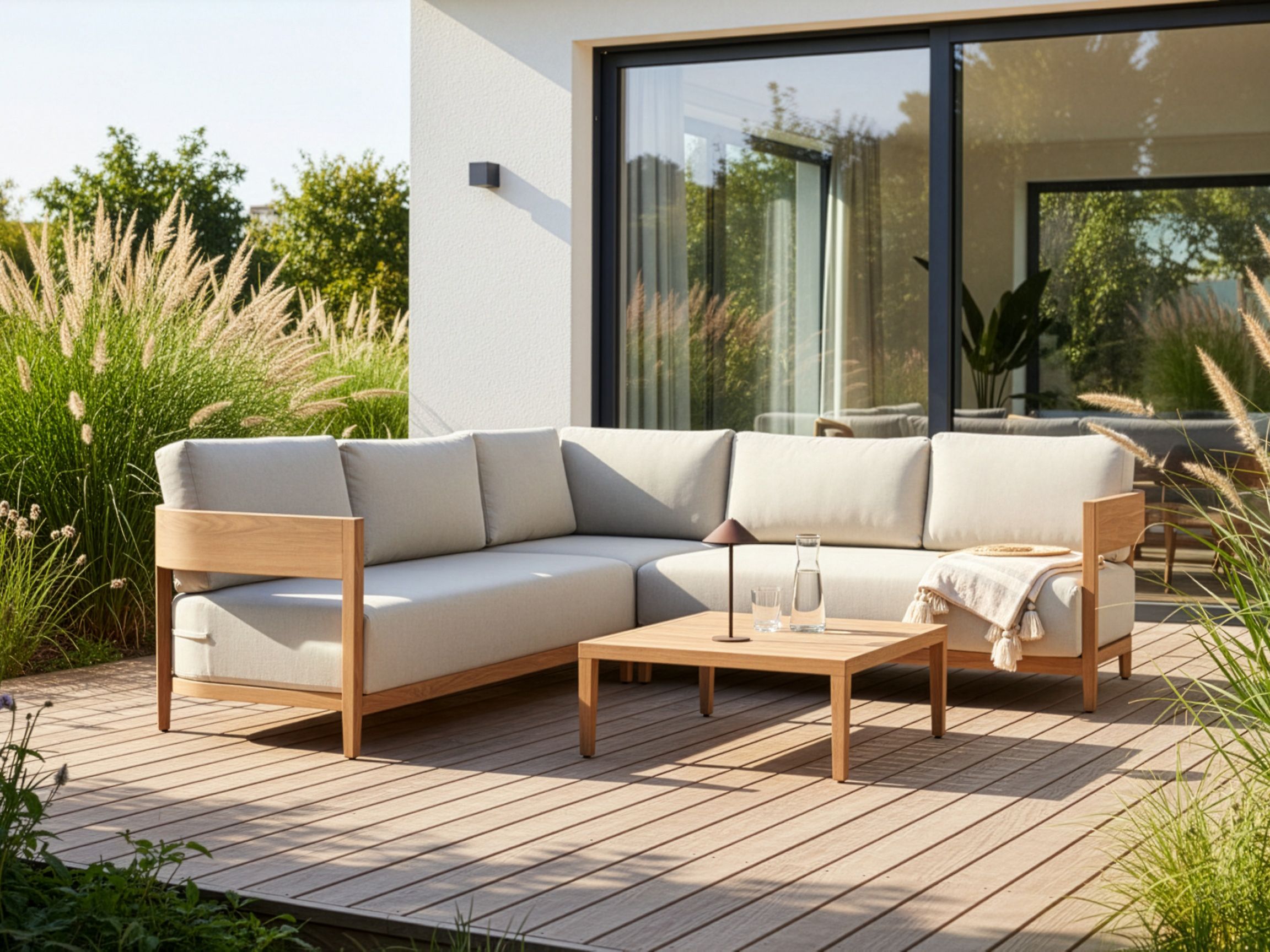 Garden Corner Sofa with Table 5 Seater SAMPIERI Left Hand Metal Light Brown