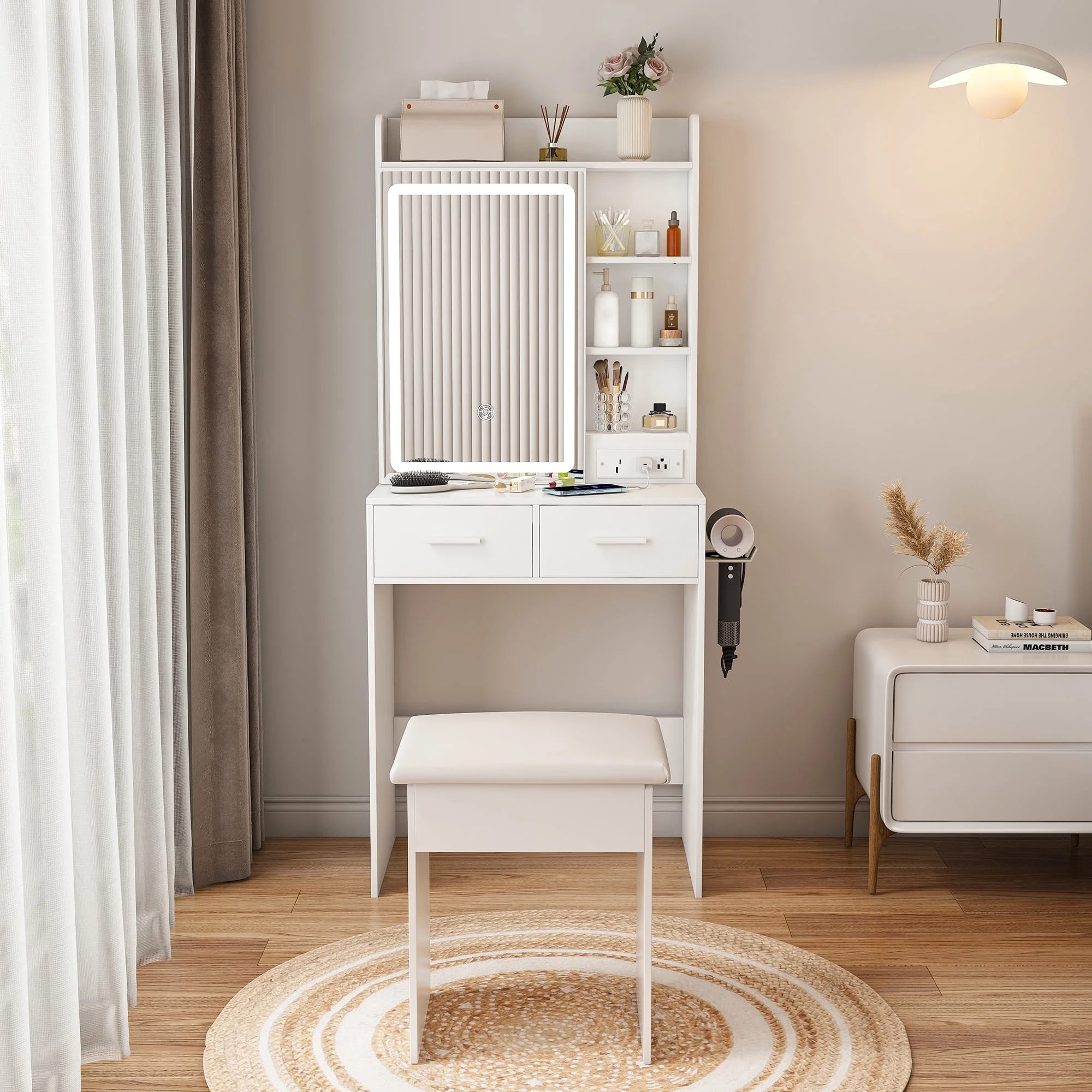 Montary Modern Mini Vanity w/Adjustable LED Mirror + Hidden Storage, Padded Stool & Dustproof Shelves (White) - Image 127