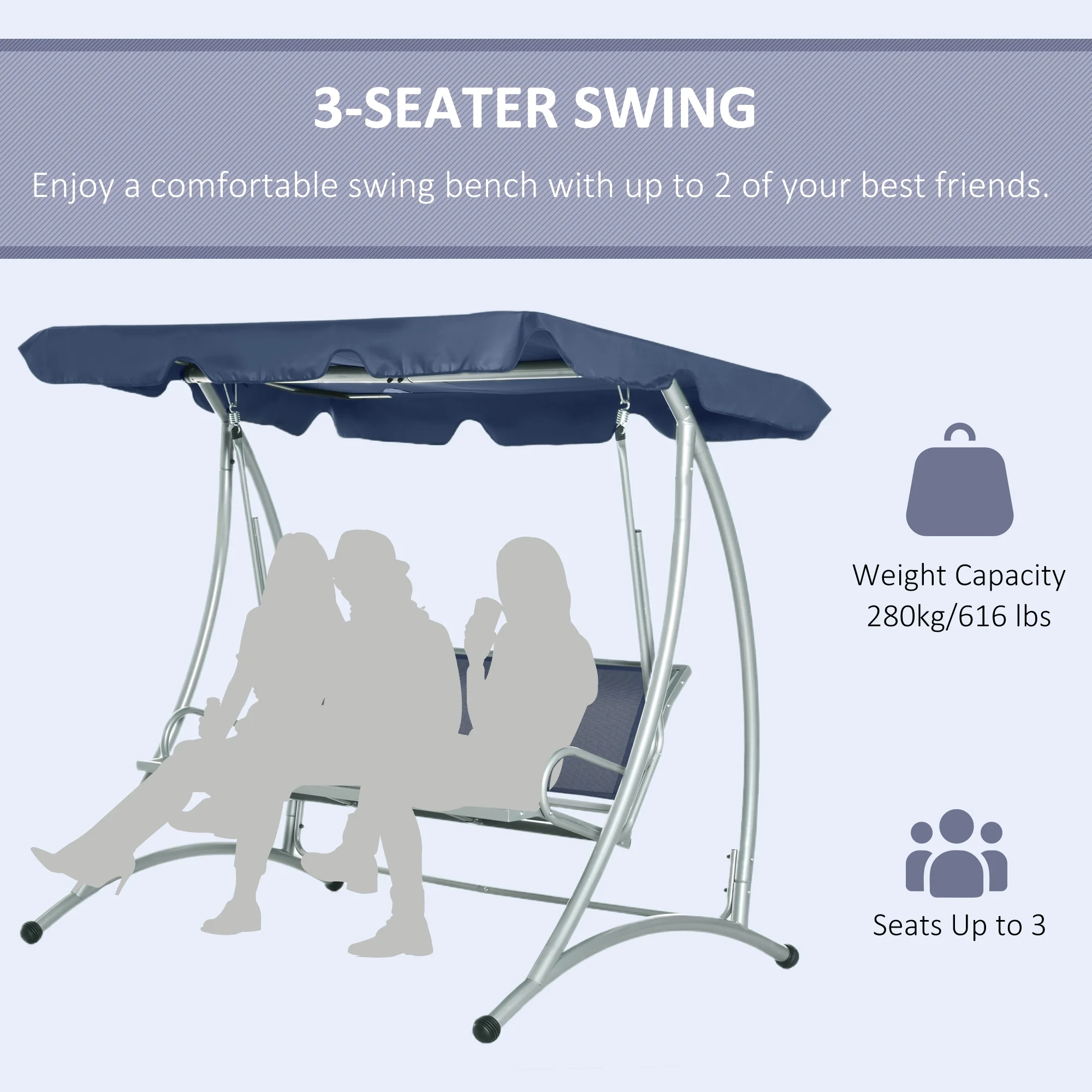 Outsunny 3 Person Patio Swing Seats, Porch Swing with Stand & Adjustable Canopy, Heavy Duty Outdoor Swing Chair Bench for Adults, Black - Image 18