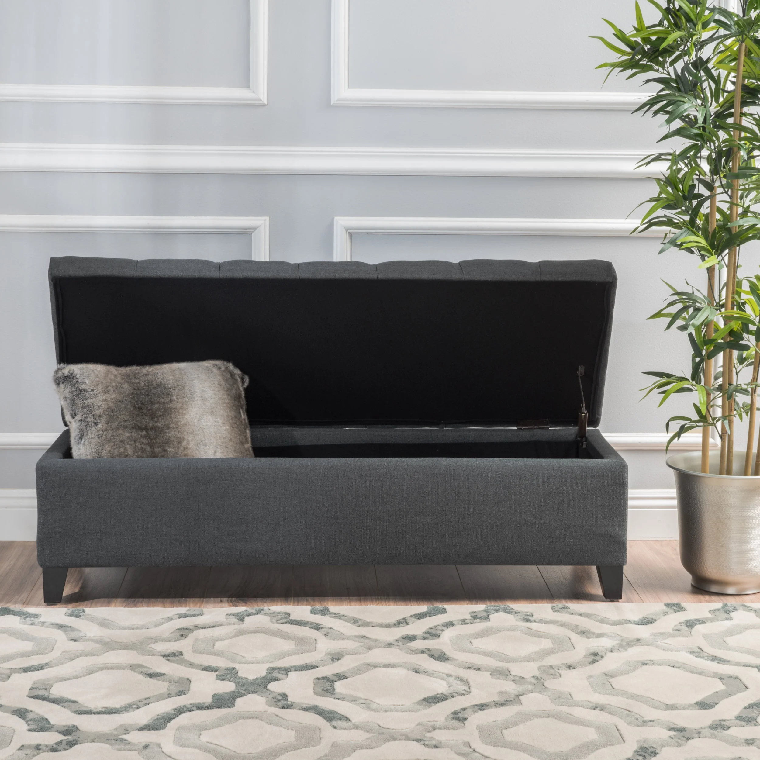 Noble House Hampton Contemporary Fabric Upholstered Storage Ottoman, White and Blue Floral - Image 25