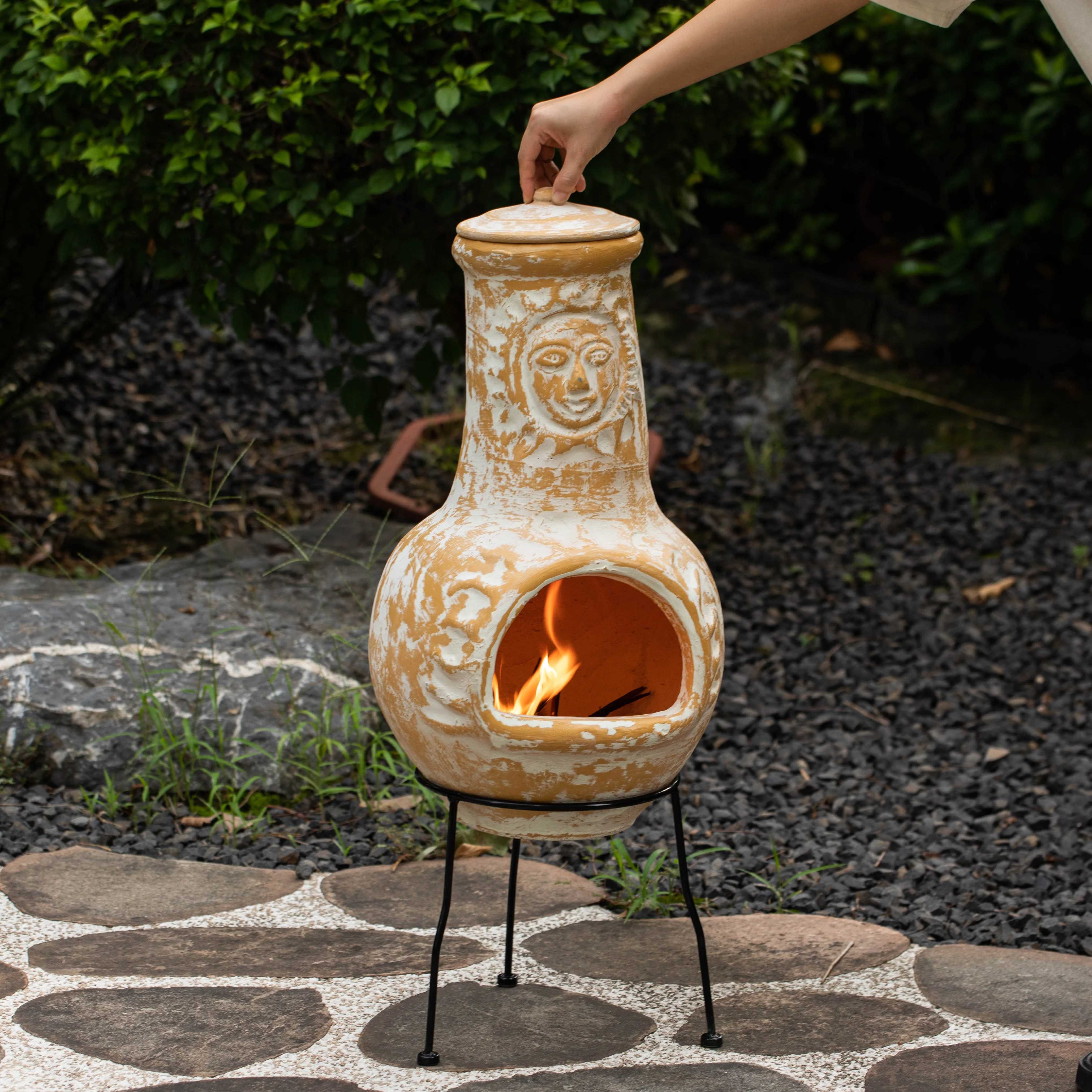Vintiquewise QI004631.TC Outdoor Clay Chiminea Fireplace Sun Design Wood Burning Fire Pit with Sturdy Metal Stand, Barbecue, Cocktail Party, Cozy Nights Fire Pit, Terra Cotta - Image 8