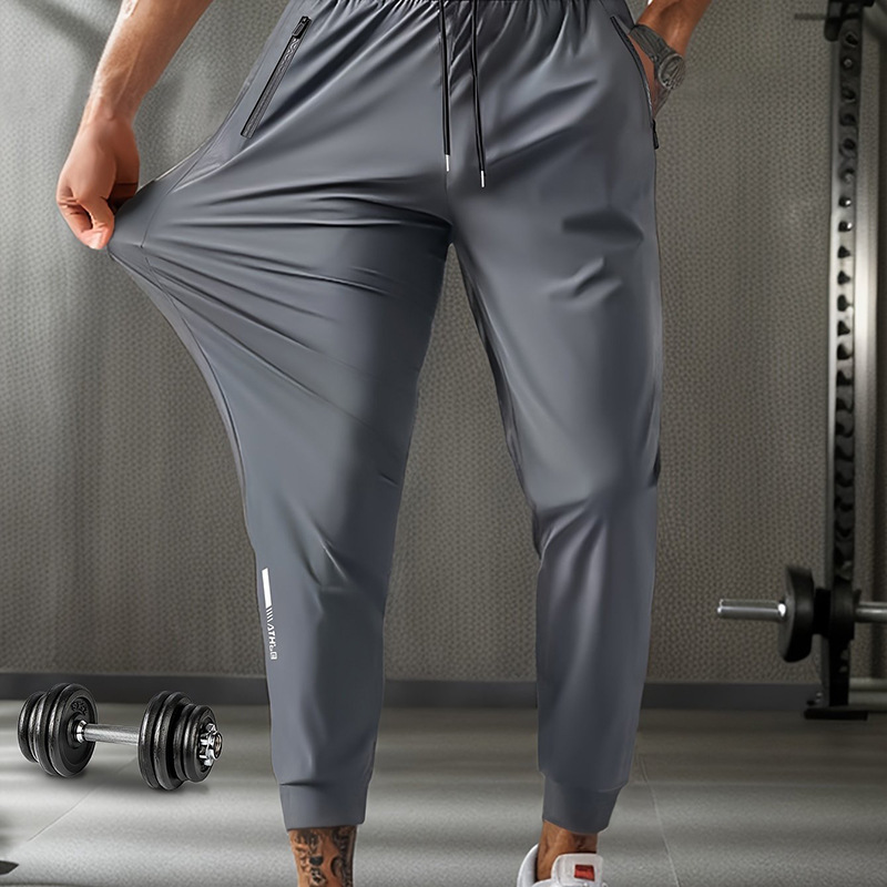 Cross-border men's stretch sports pants, summer thin large size ice silk pants, straight quick-dry casual breathable long pants for men