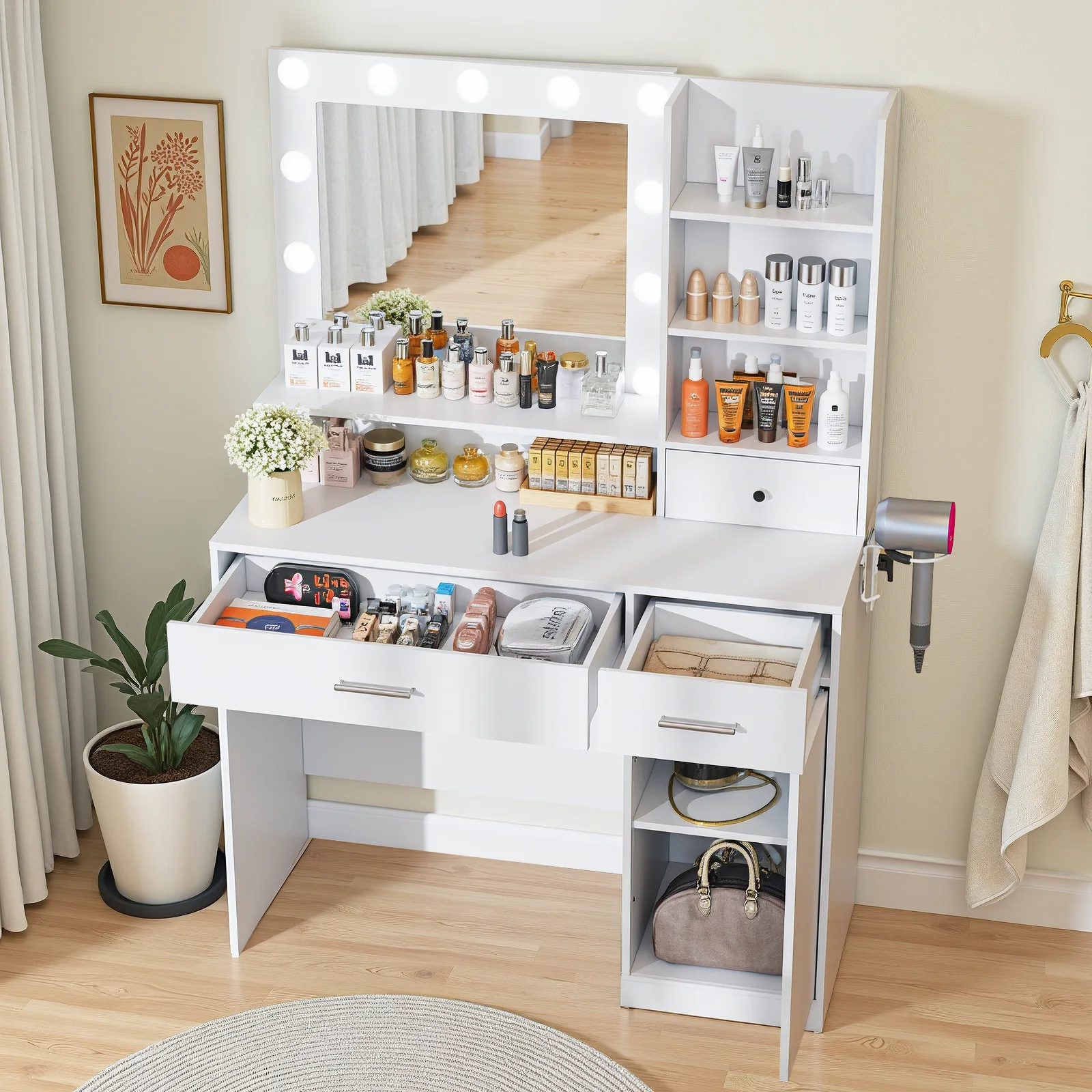 Blorly White Vanity Desk with Mirror, Makeup Vanity Table with LED Lights and Power Outlet, 3 Drawer, 4 Shelves, 1 Cabinet - Image 6