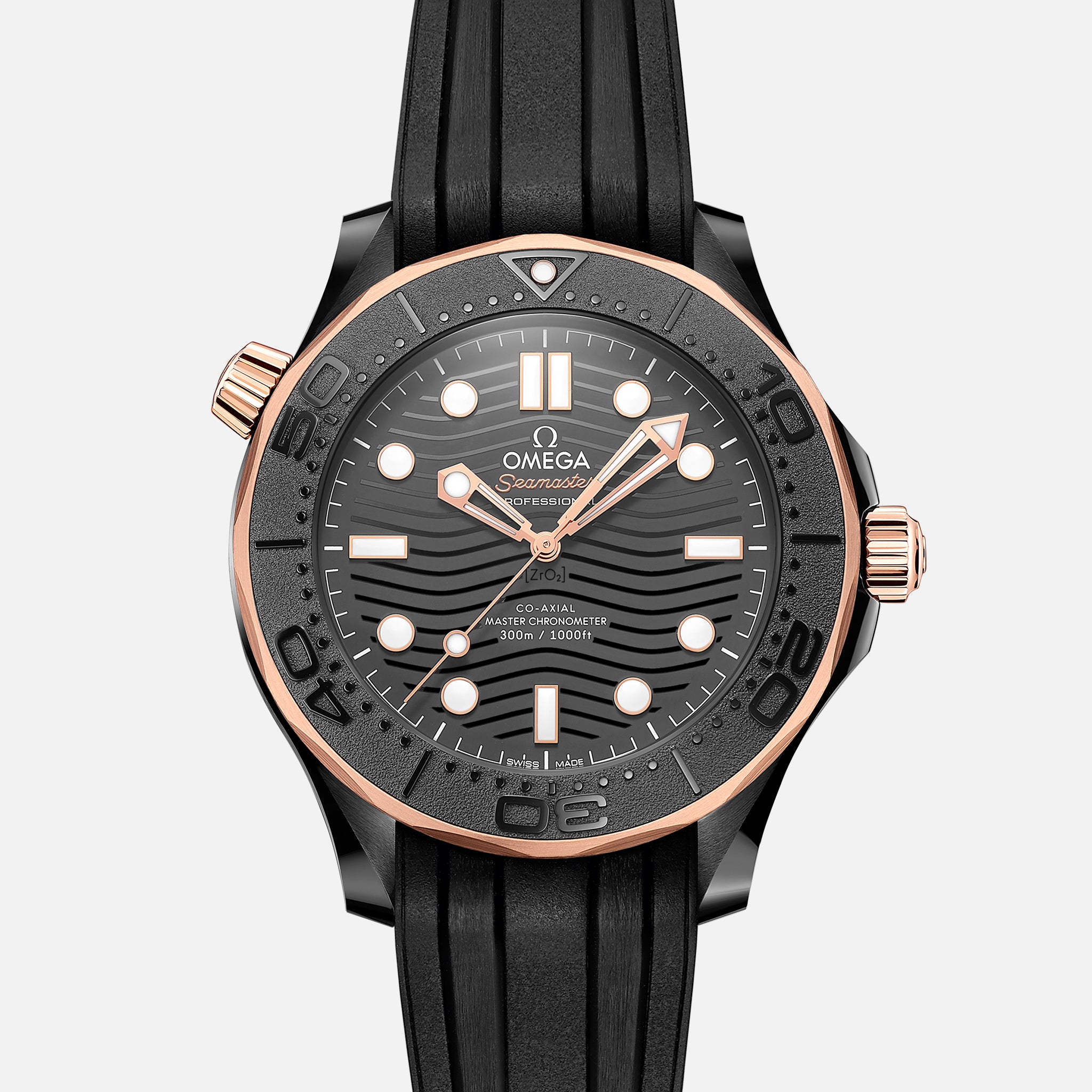 Seamaster Diver 300M Co-Axial Master Chronometer 43.5mm Black Ceramic And Sedna Gold on Rubber Strap(1:1 replica) - Top club