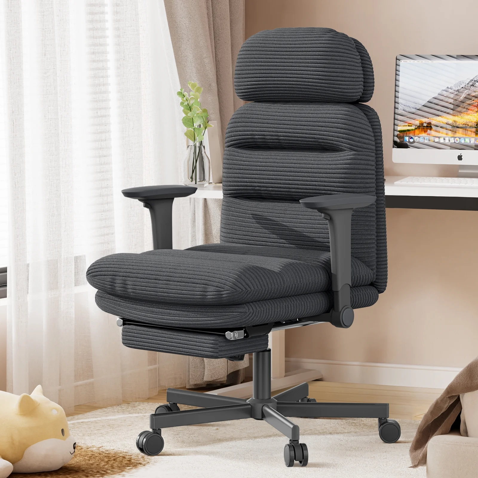 HomeZeer Ergonomic Cross-Legged Office Chair with Footrest & Headrest, Heavy Duty Executive Desk Chair with Flip-up Armrests, Corduroy Fabric Computer Criss Cross Chair for Home Office, Black - Image 2