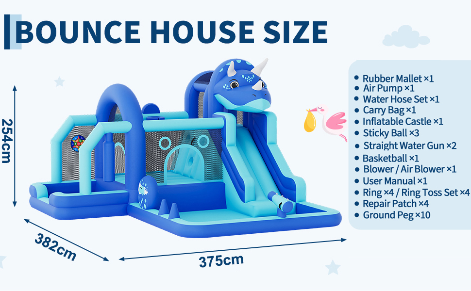 Tekst brzmi „BOUNCE HOUSE SIZE”. Schemat techniczny przedstawiający wymiary nadmuchiwanej zjeżdżalni wodnej typu bounce house w kolorze niebieskim, z oznaczonymi wymiarami i specyfikacjami.