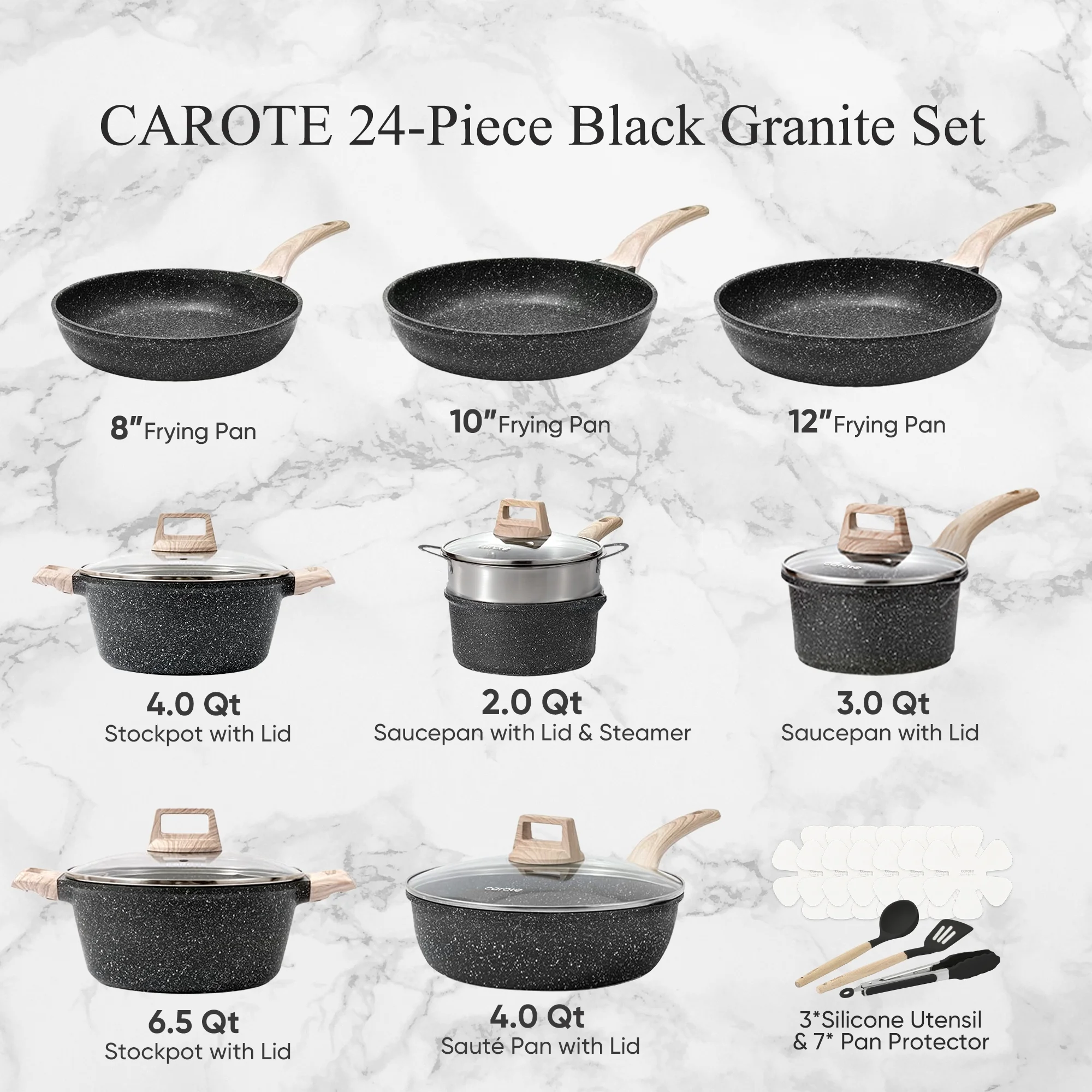 Carote Nonstick Pots and Pans Set, 24 Pcs Non Stick Induction Kitchen Cookware Sets (Black Granite)