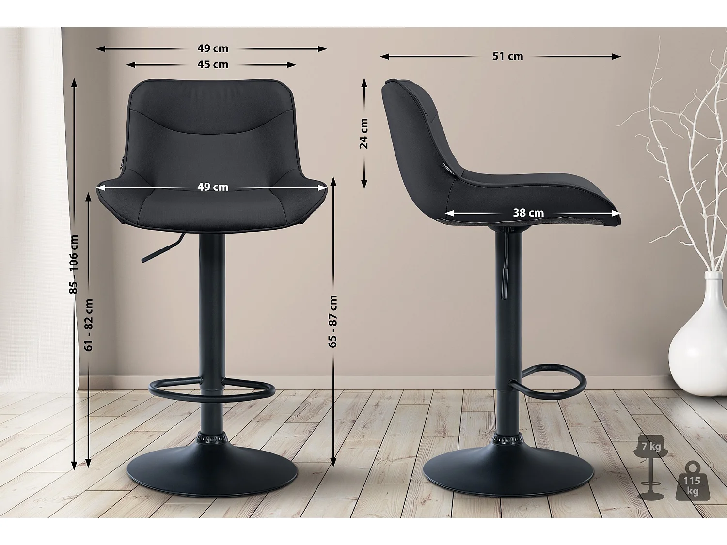 Tabouret de bar - Similicuir (PVC) & Noir - Noir - Vonore
