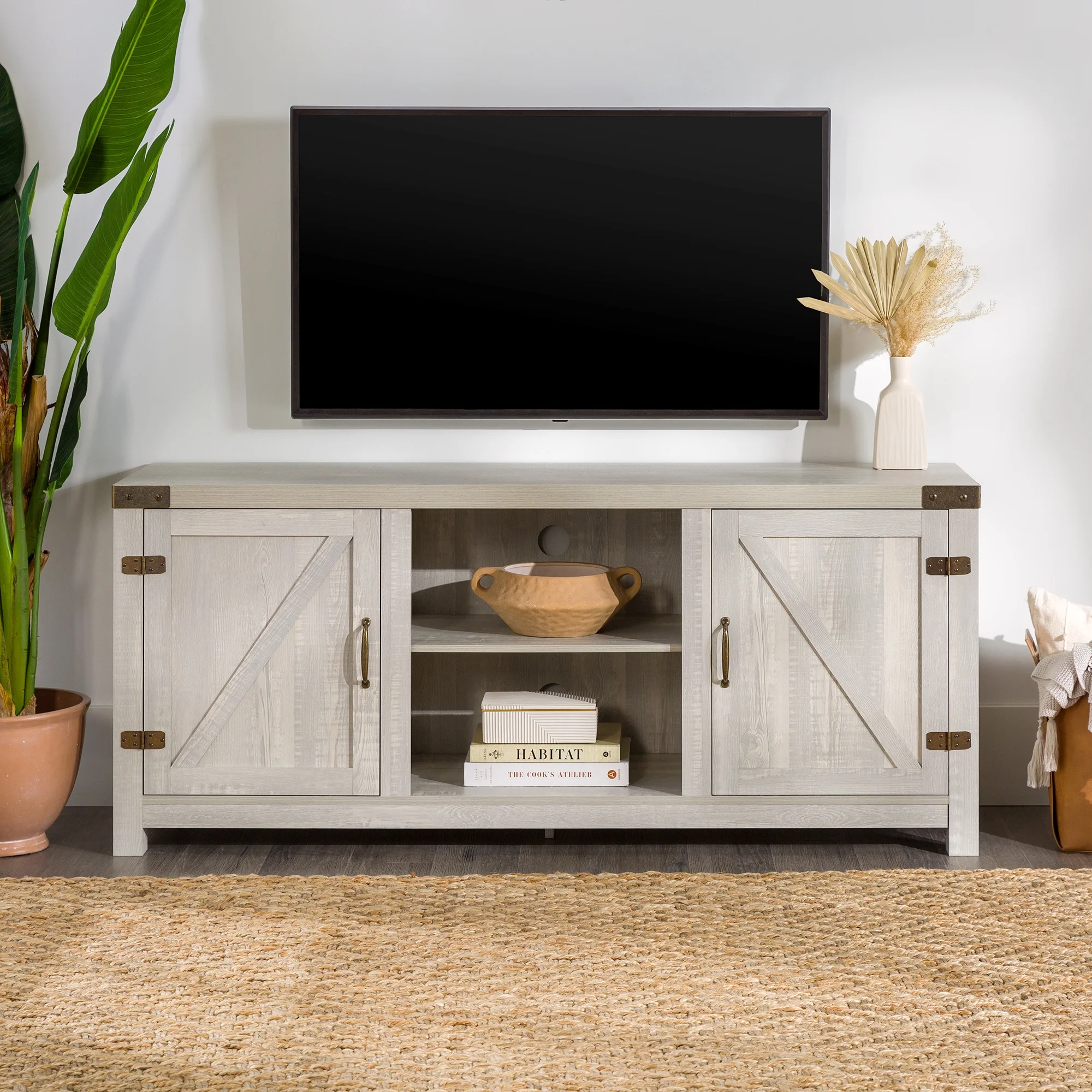 Walker Edison Modern Farmhouse Barn Door TV Stand for TVs up to 65", Grey Wash - Image 97