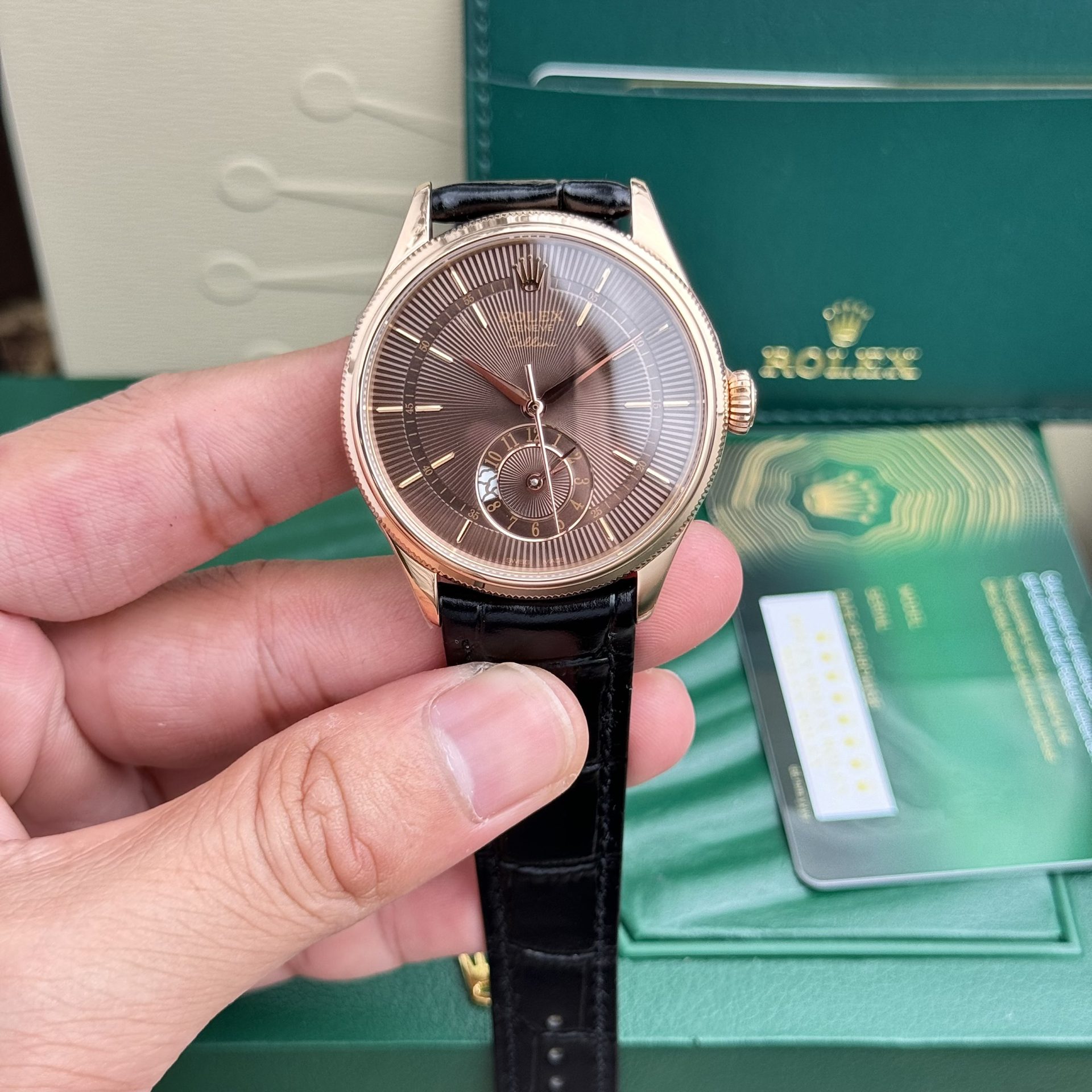 Rolex Replica Watch Cellini 50525 Chocolate Dial Leather Strap 39mm - Elite Watch Atelier