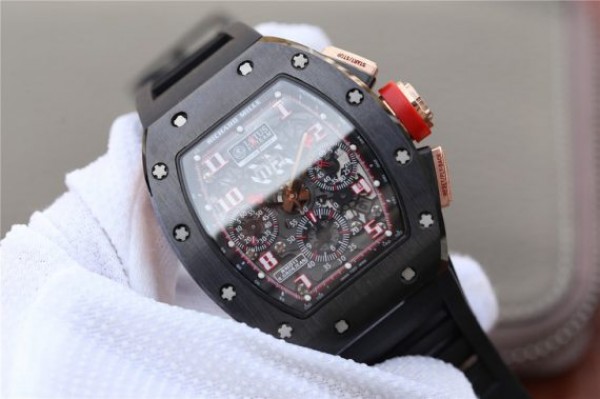 Replica Richard Mille RM011 Black Ceramic RG Chrono Skeleton Dial Black Rubber Strap A7750 - Elite Watch Atelier