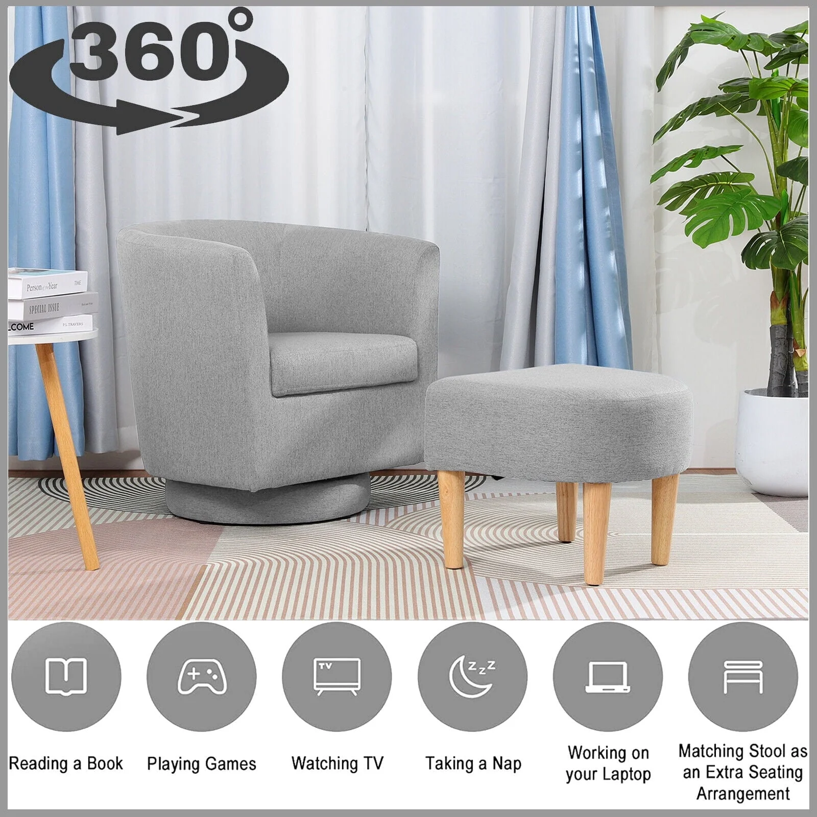 Dazone Swivel Armchair & Ottoman Set, Modern Accent Upholstered Single Sofa Chair With Footstool, 360°Rotating Armchair and Footrest Set, Club Tub Chair for Living Room Bedroom Reading Room,Gray - Image 3
