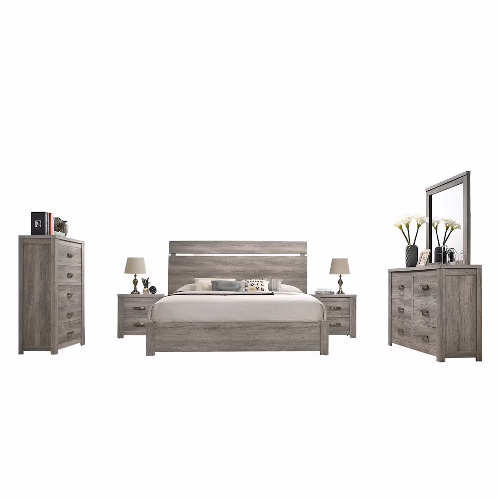 Roundhill Furniture living room Floren Contemporary Weathered Gray Wood Bedroom Set, King Panel Bed, Dresser, Mirror, Two Nightstands, Chest