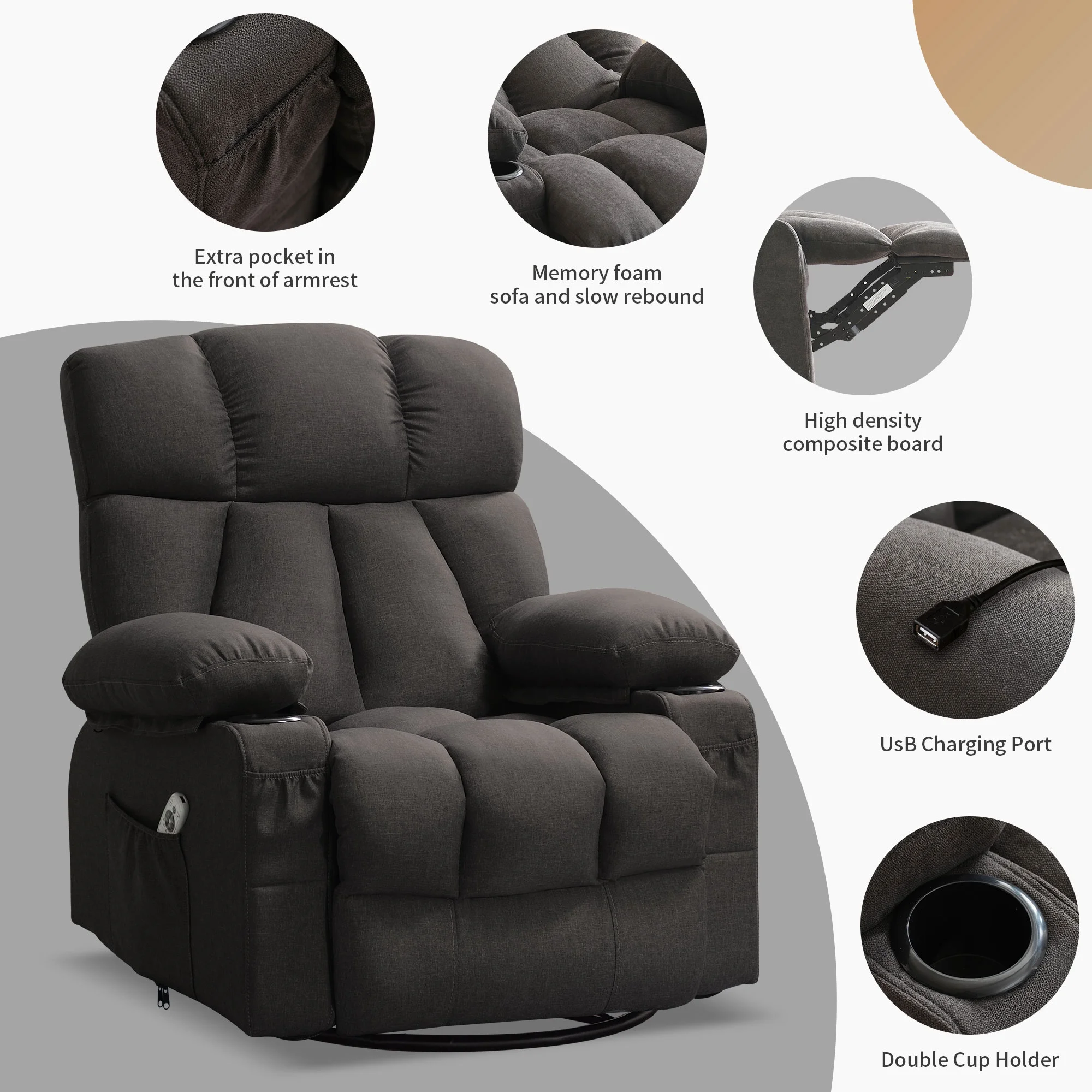JONPONY Manual Recliner Chair with Heat Therapy and Massage Function, Heavy Duty Reclining Mechanism Massage Chair, Elderly Single Rocker Sofa with Cup Holders for Bedroom Home Theater,Grey - Image 66