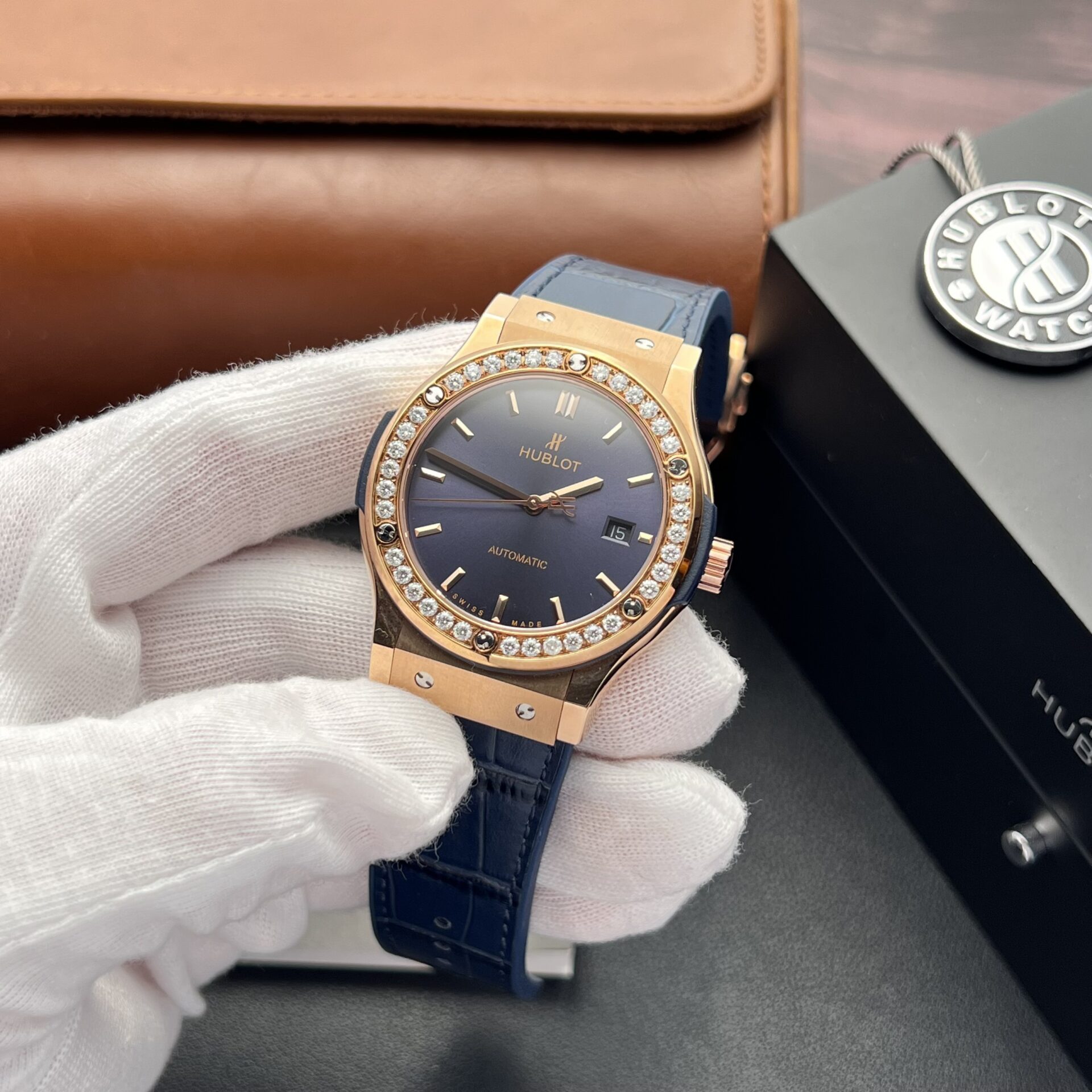 Hublot Replica 1:1 Watch Classic Fusion King Gold With Moissanite Diamonds Blue 42mm - Elite Watch Atelier