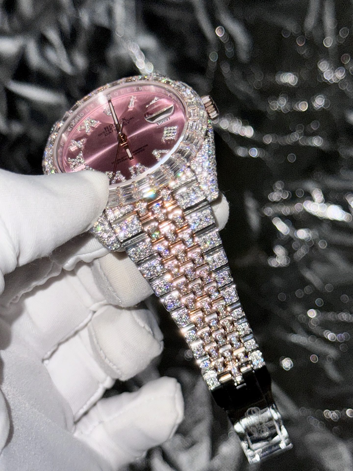 Rolex Replica Watch DateJust With Full Moissanite Diamond Pink Dial 41mm - Elite Watch Atelier