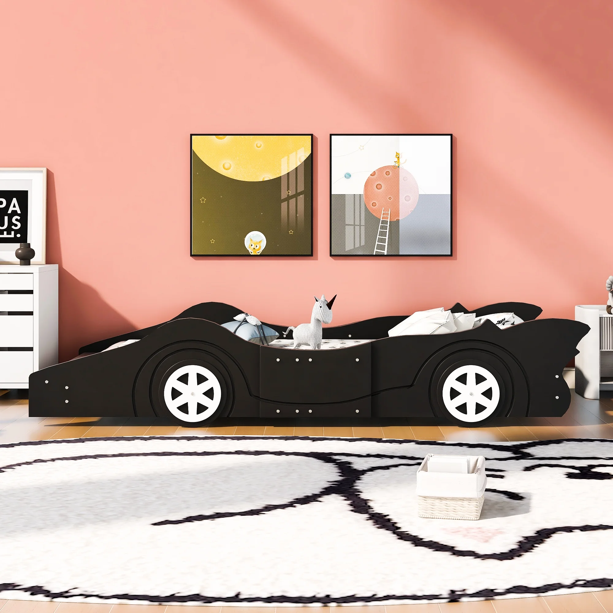 Miniyam Twin Size Race Car Bed for Kids, Car-Shaped Design, Black