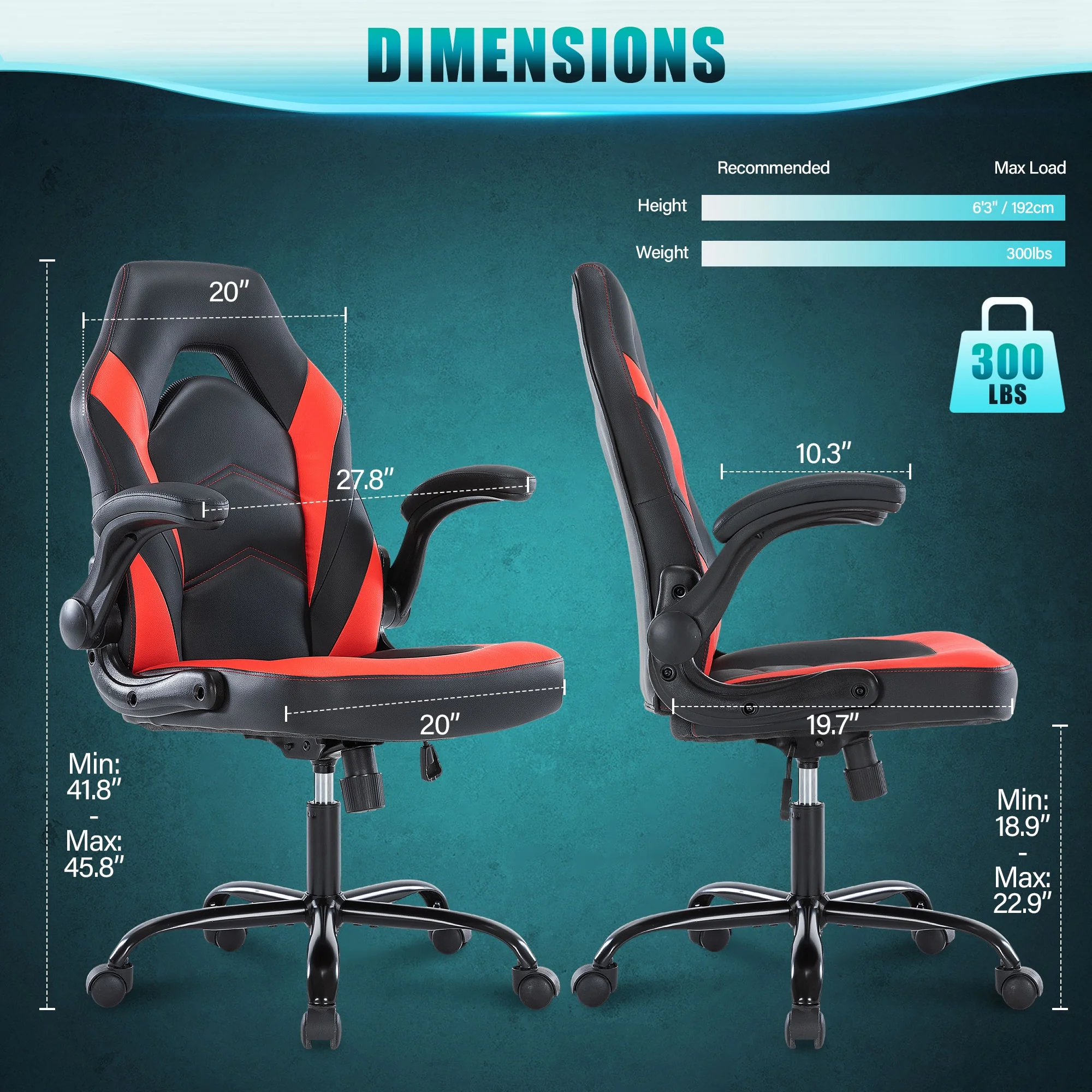 JONPONY Ergonomic Gaming Desk Chair - Adjustable PU Leather Swivel Racing Chair with Flip-up Armrests for Home Office and Entertainment, Perfect for Adults, Kids, and Gamers, Black Red