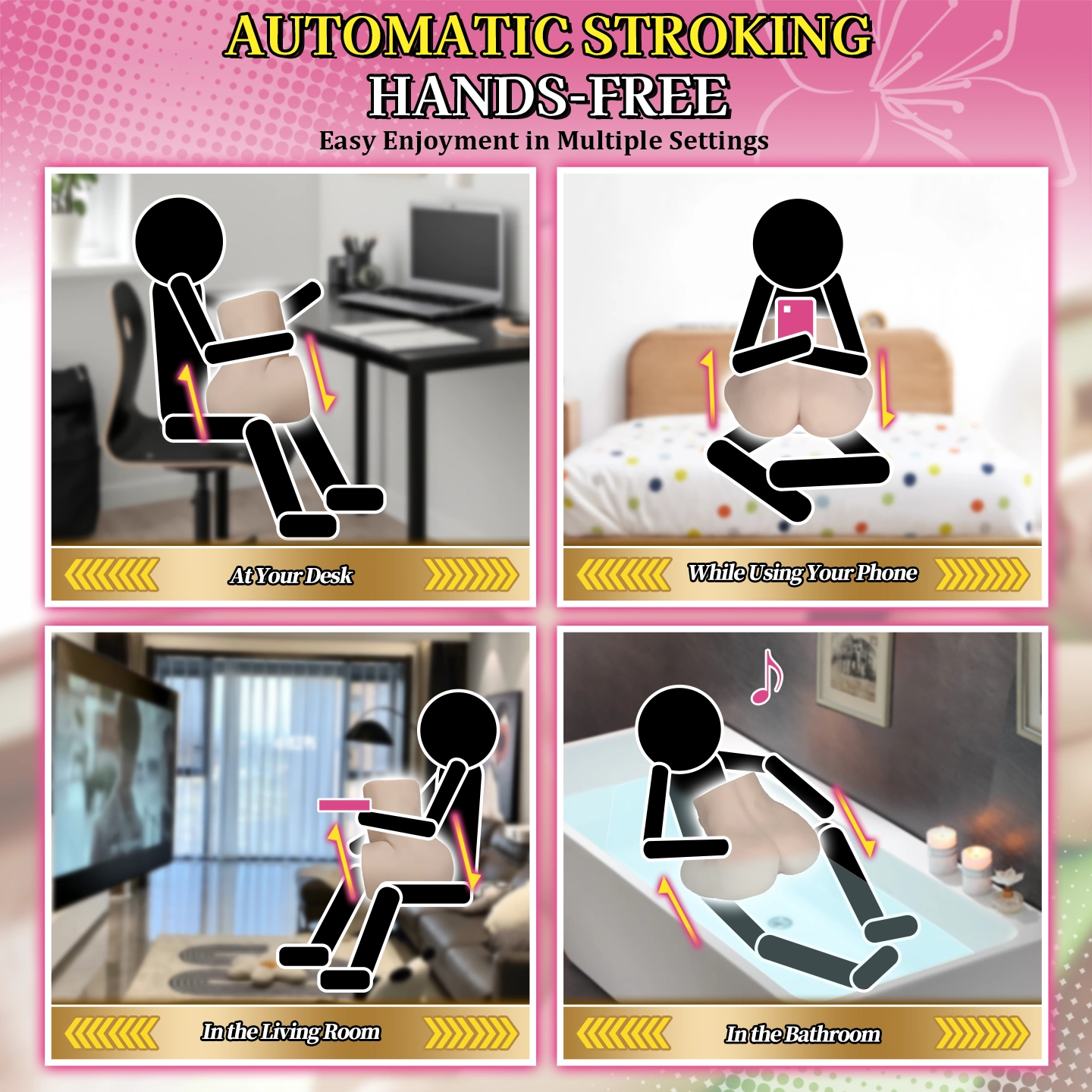 Dr.YUU Fukada automatic ass masturbator in a private bedroom setting, featuring a stable weighted TPE body, hands-free automatic thrusting, and versatile bed or tabletop placement