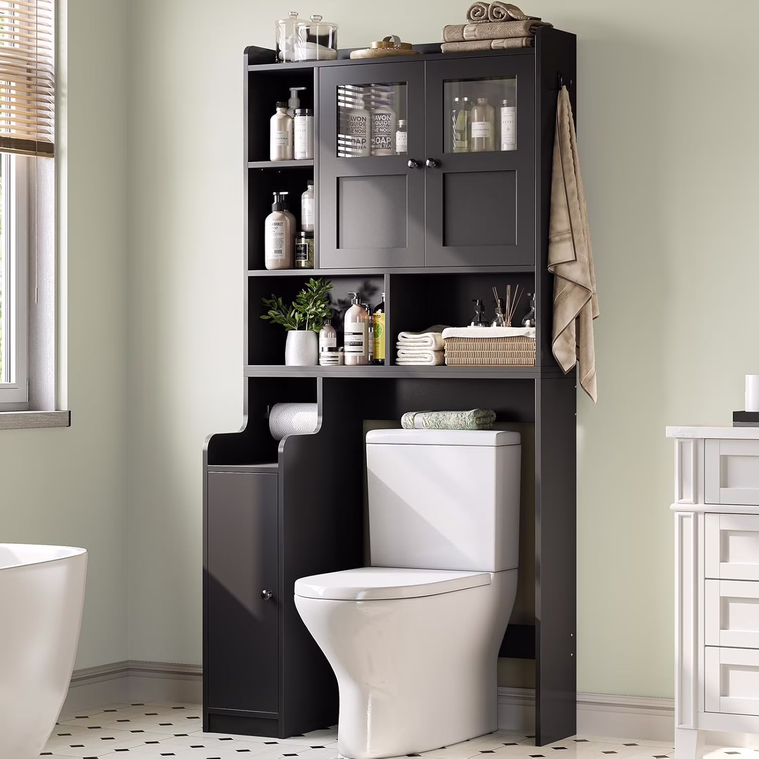 Over The Toilet Storage Cabinet with 3 Doors, Farmhouse Space Saver for Bathroom Organizer with Paper Holder, 10 Shelves and Hooks, 7-Tier Over Washing Machine Cabinet for Laundry, Bathroom, Natural - Image 7