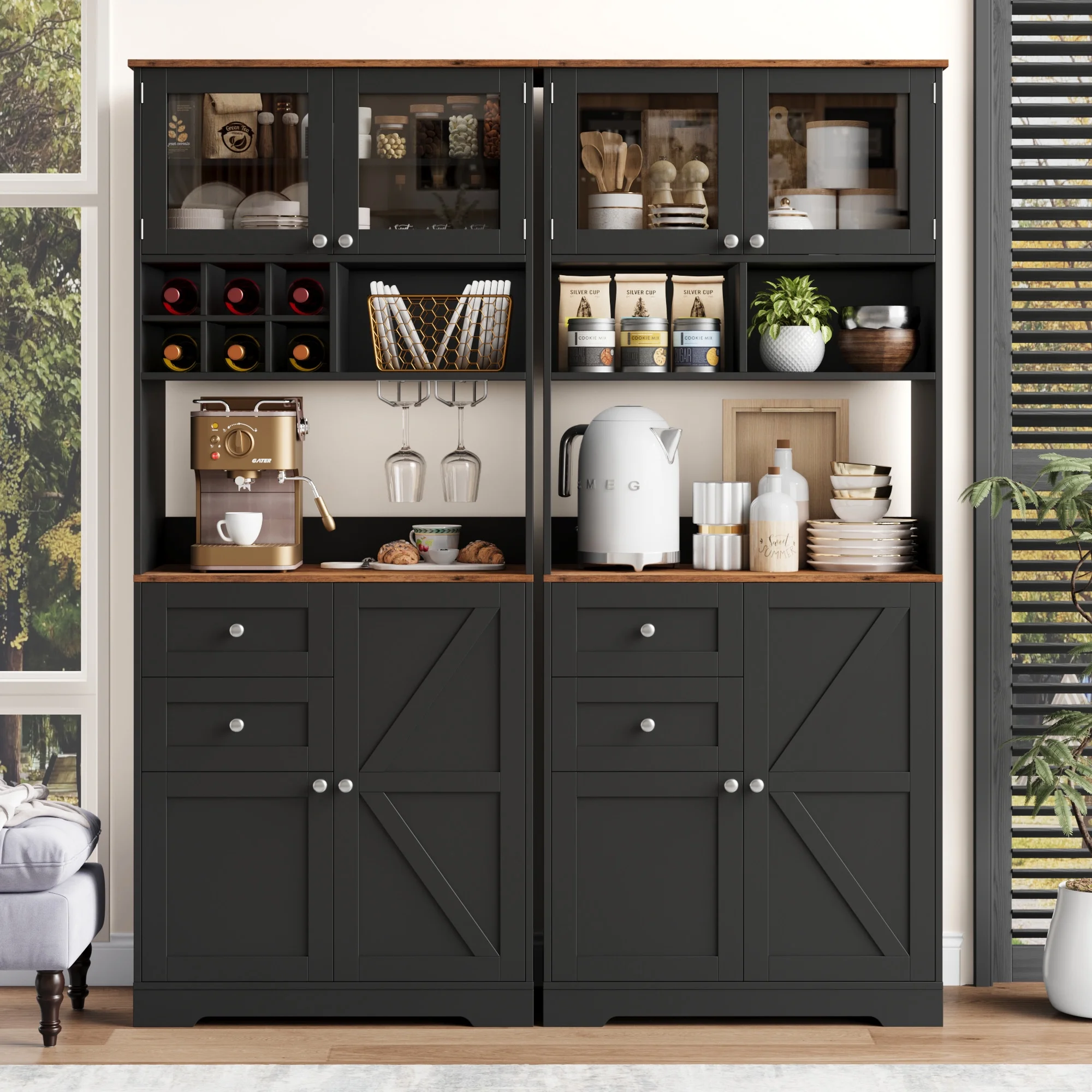 Homfa 75.2'' Kitchen Pantry Storage Cabinet with Wine Rack & Adjustable Shelf, 2 Drawer Modern Farmhouse Buffet with Glass Door for Dining Room Living Room, Black