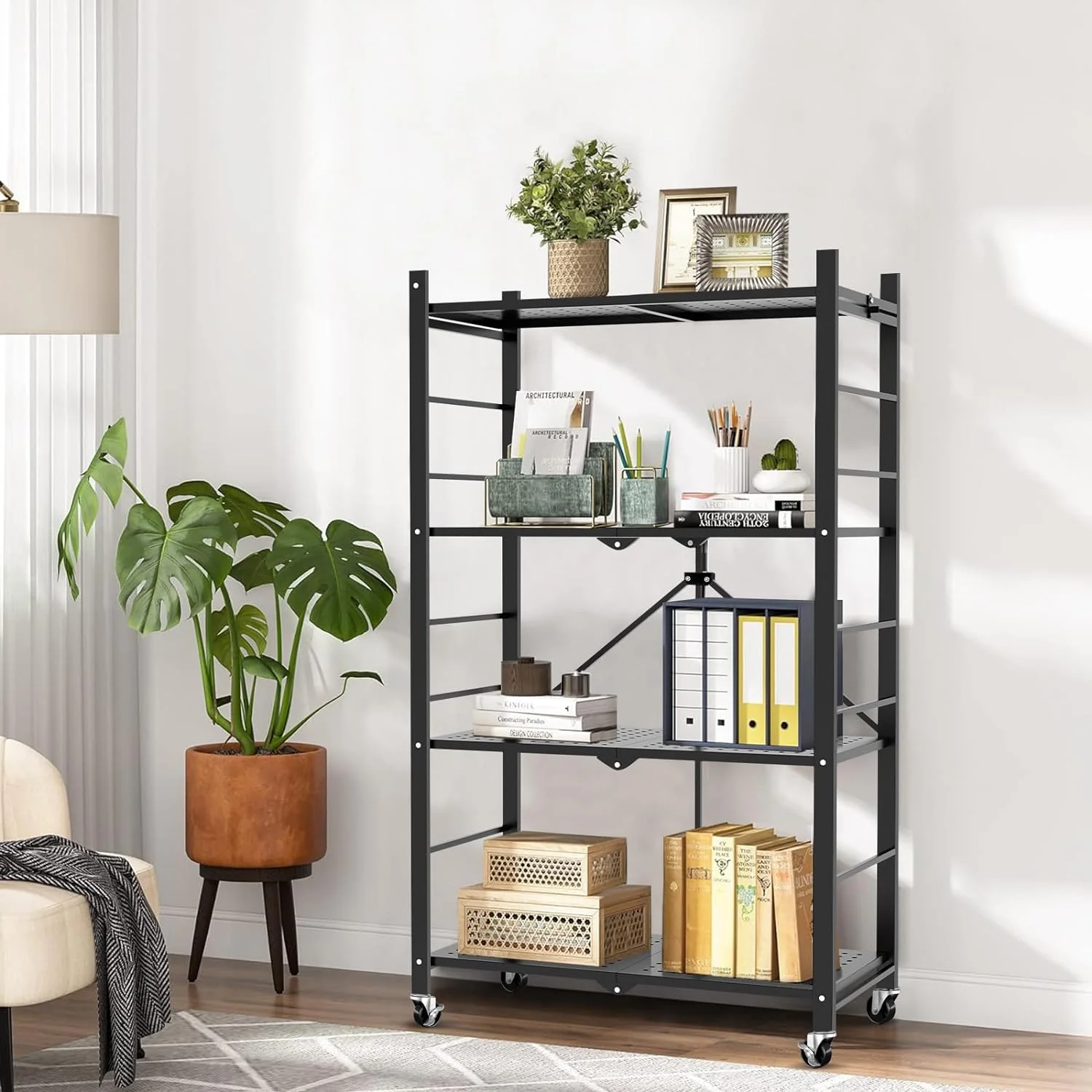 Storage Shelves with 20 Hooks, 4-Tier Foldable Shelves for Storage, Folding Shelf Unit Pantry Shelves with Wheels, Metal Shelving Storage Rack Shelf for Kitchen Garage Home, Black - No Assembly