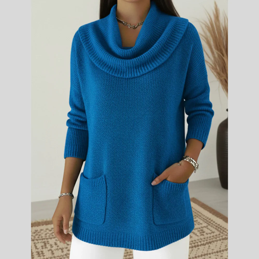 Full Size Cowl Neck Long Sleeve Sweater with Pockets Plus Size - ZKZOOK