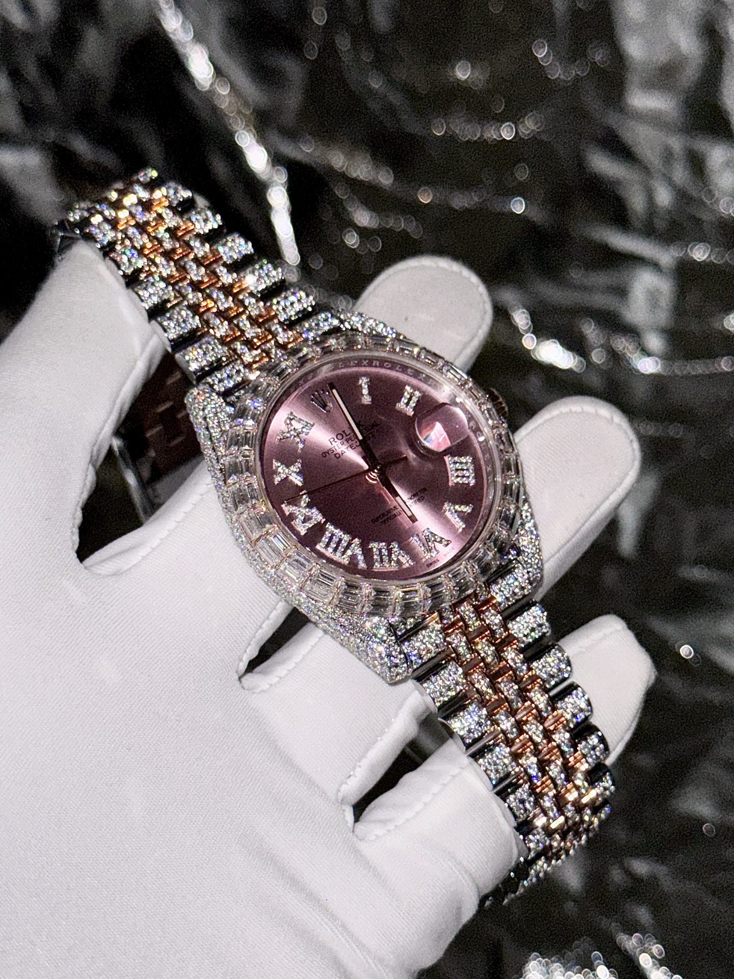 Rolex Replica Watch DateJust With Full Moissanite Diamond Pink Dial 41mm - Elite Watch Atelier